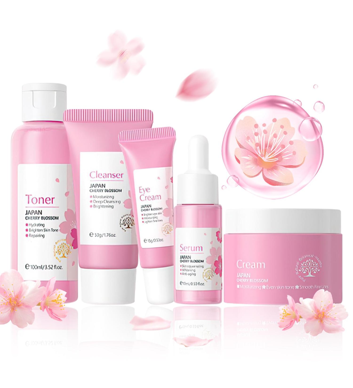 Cherry Blossom Skin Care Set for Teen Girls | 5-Piece Kit with Cleanser Toner Serum Eye & Facial Cream - Perfect Gift for Women - Buy Online on SooperMarket.com