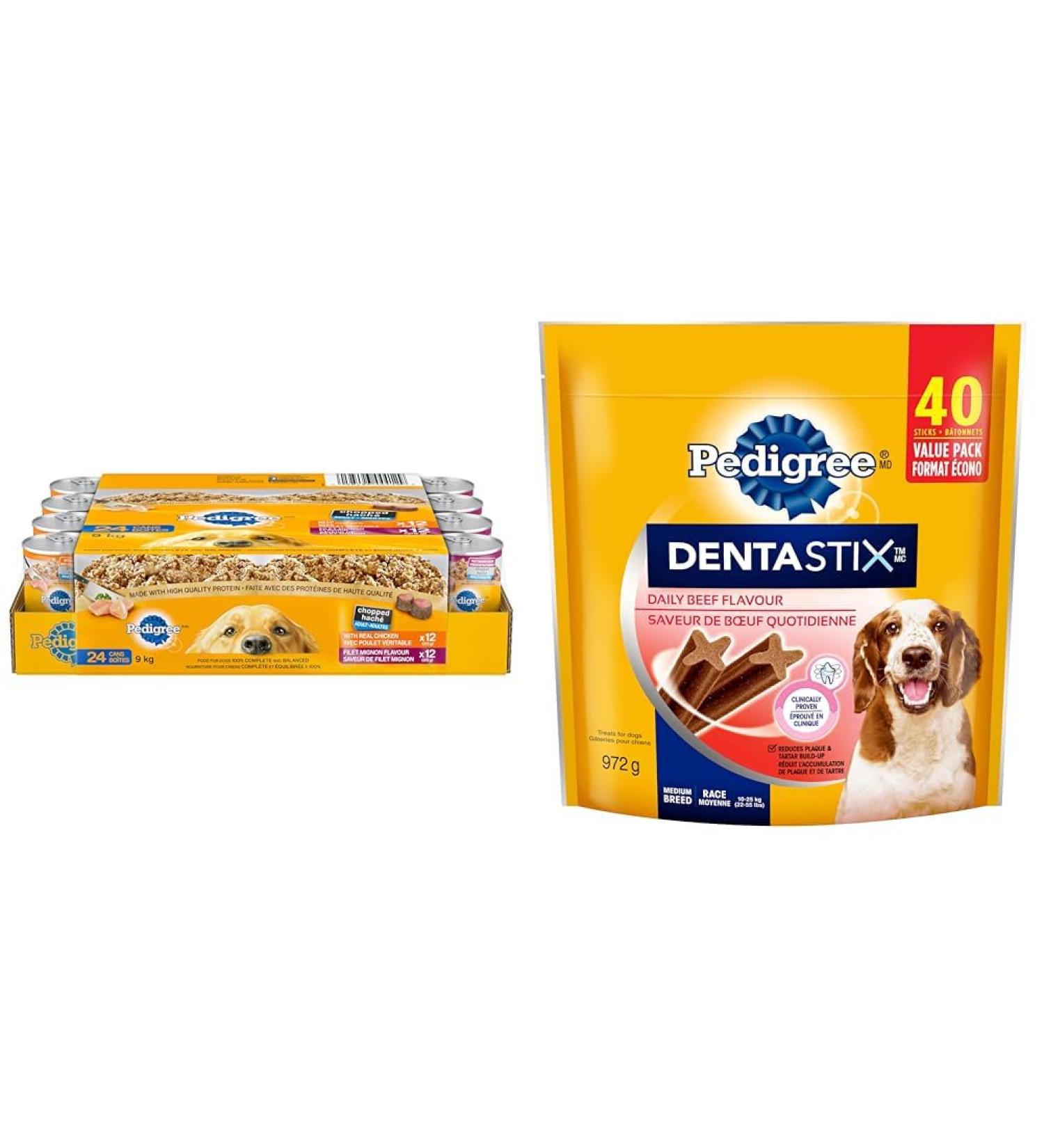 PEDIGREE Chopped Adult Wet Dog Food Ground Dinner Chicken and Filet Mignon 375g Can (24 Pack) & DENTASTIX Oral Care Adult Dog Treats for Medium Dogs - Beef 40 Sticks Chicken & Filet Mignon + Treats 375 g (Pack of 24) - Buy Online on SooperMarket.com