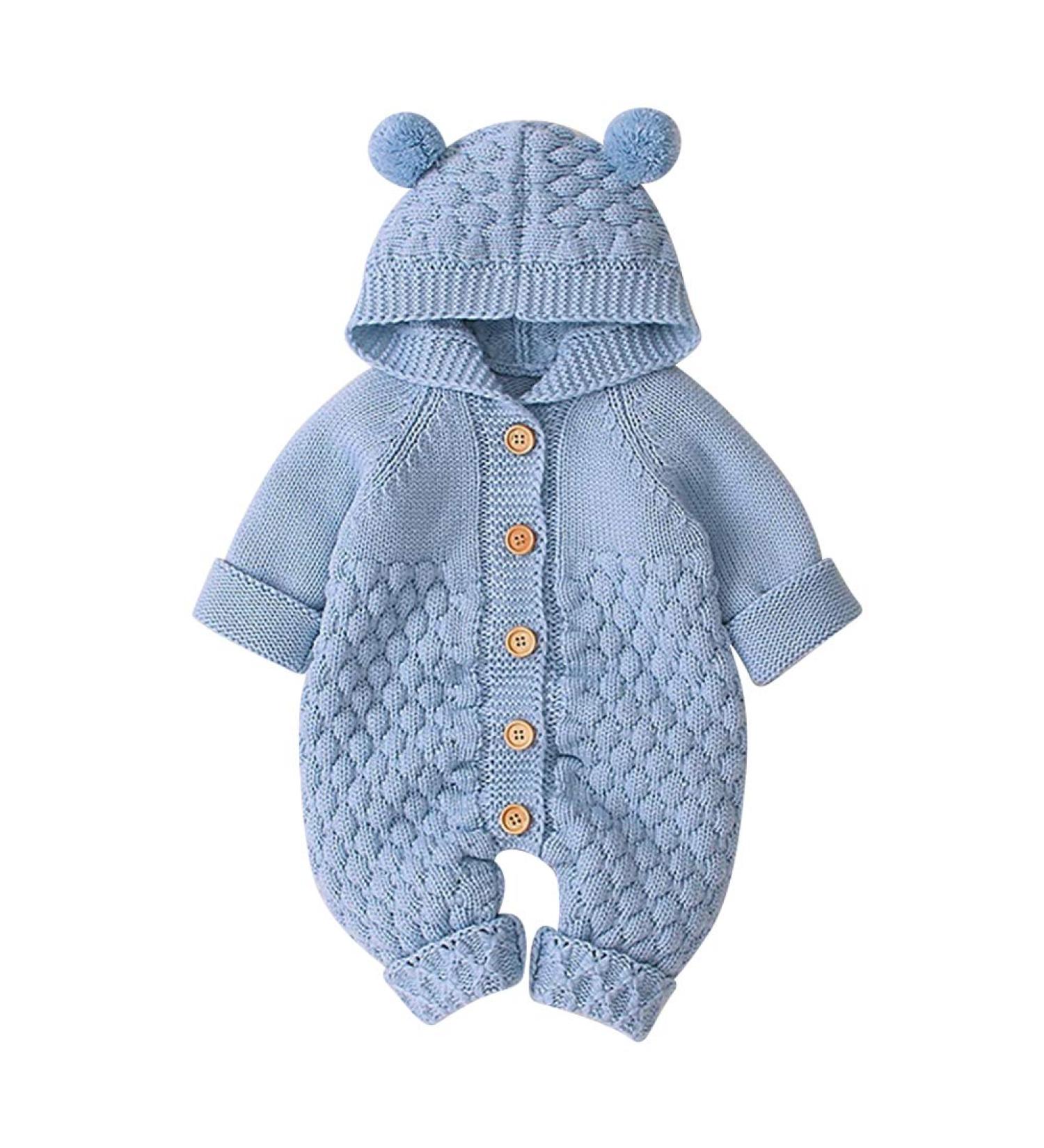 Knitted Hooded Romper Onesie | Baby Boy Girl Clothes | Long Sleeve | 0-6 Months | Light Blue-Hairball - Buy Online on SooperMarket.com