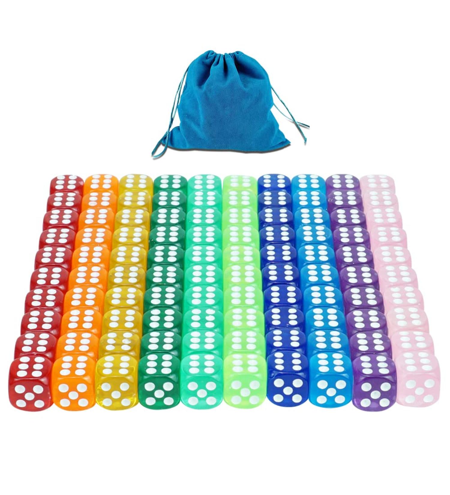 100pcs 16mm Rounded Translucent Game Dice Set with Blue Bag - Perfect for Yahtzee, Tenzi, Farkle, DND, MTG, RPG - Ideal for Math Teaching - Buy Online on SooperMarket.com