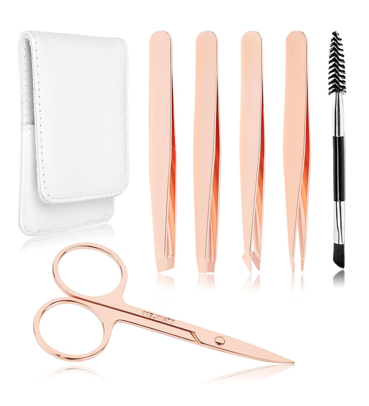 Precision Eyebrow Tweezers Set Pack of 6 - Rose Gold Tweezers Scissors Brush Kit for Women - Facial Hair Removal and Ingrown Hair - Includes Leather Case - Perfect Gift Item - Buy Online on SooperMarket.com