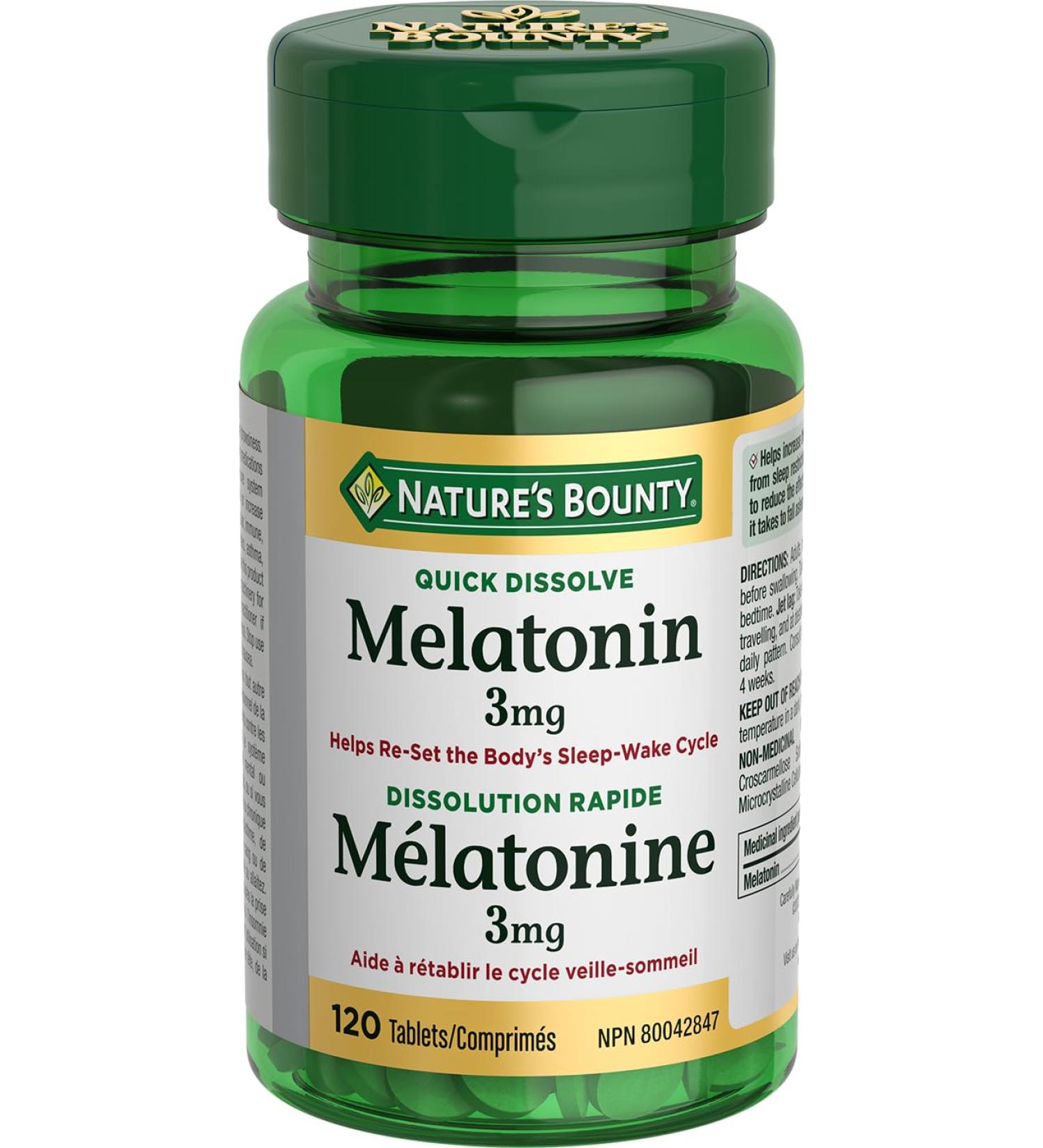 Nature's Bounty Melatonin Pills Supplement Helps Reset Body's Sleep Wake Cycle 3mg 120 Tablets - Buy Online on SooperMarket.com