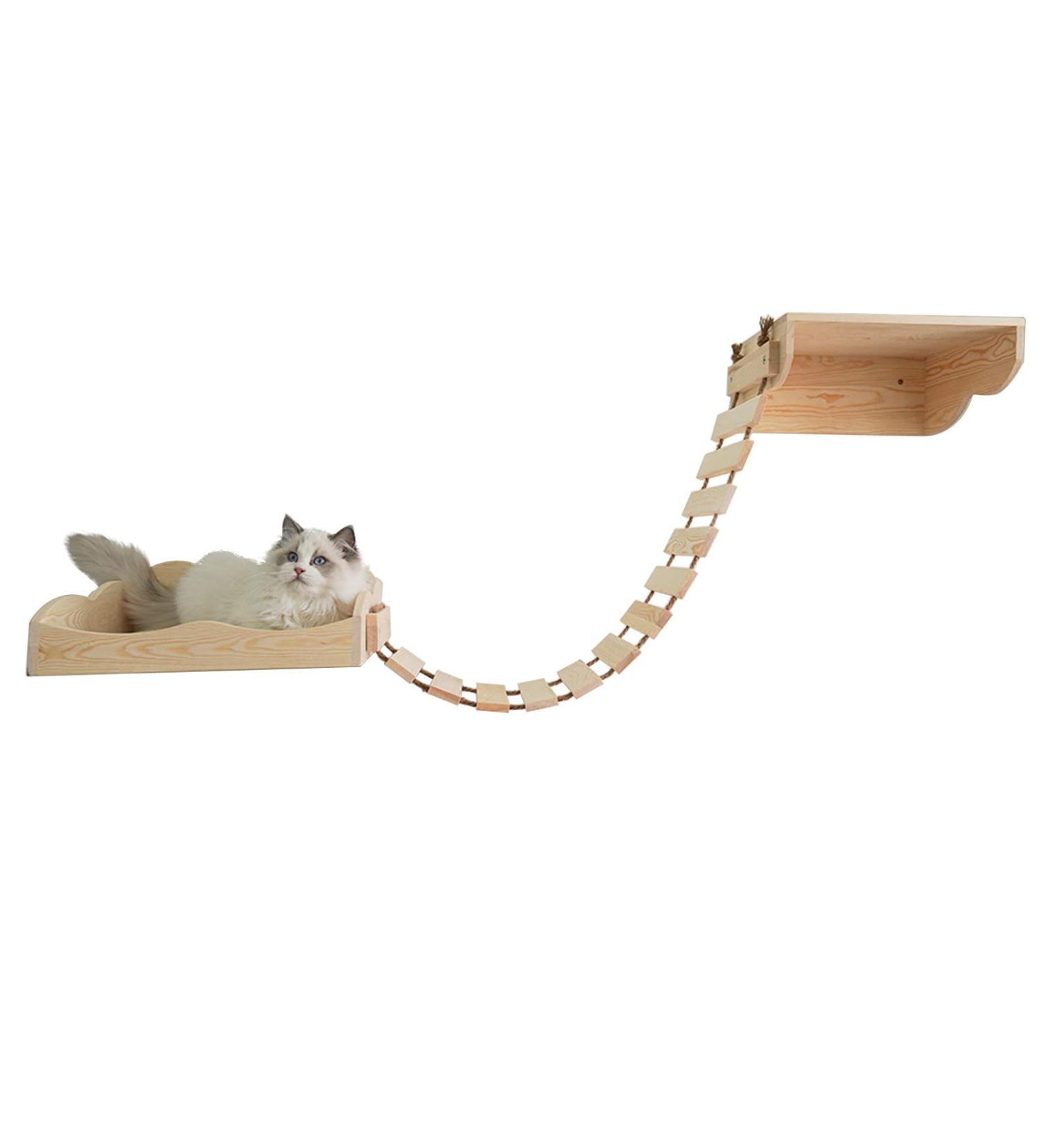 Yiotl Wall-Mounted Cat Shelf Set - Modern Solid Wood Furniture with Hammock, Climbing Bridge, and Cat Mat - Buy Online on SooperMarket.com