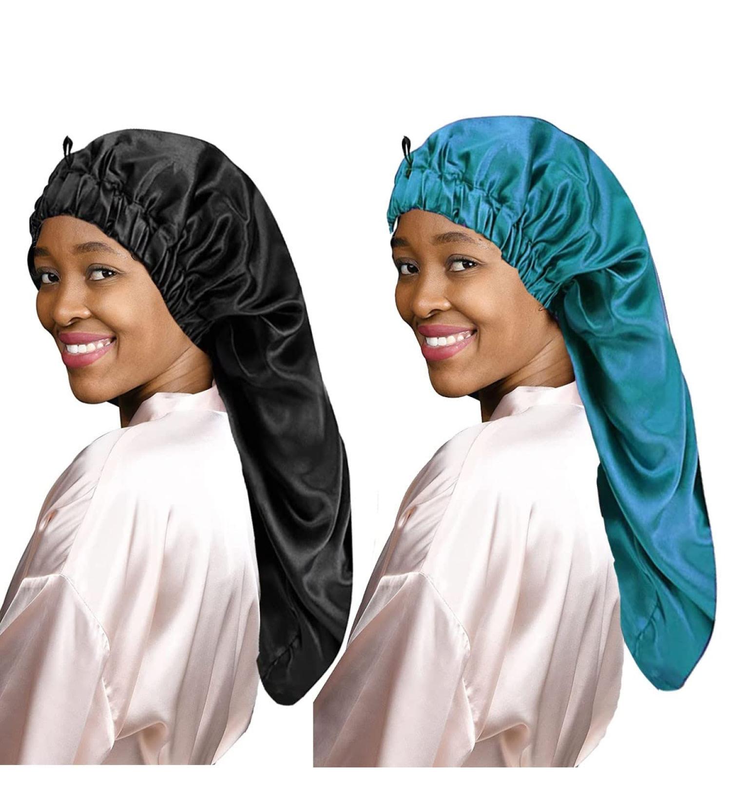 LadayPoa 2 Pcs Long Satin Sleep Cap for Women Girls - Black+Green Silky Bonnet for Long Curly Hair Protection - Buy Online on SooperMarket.com