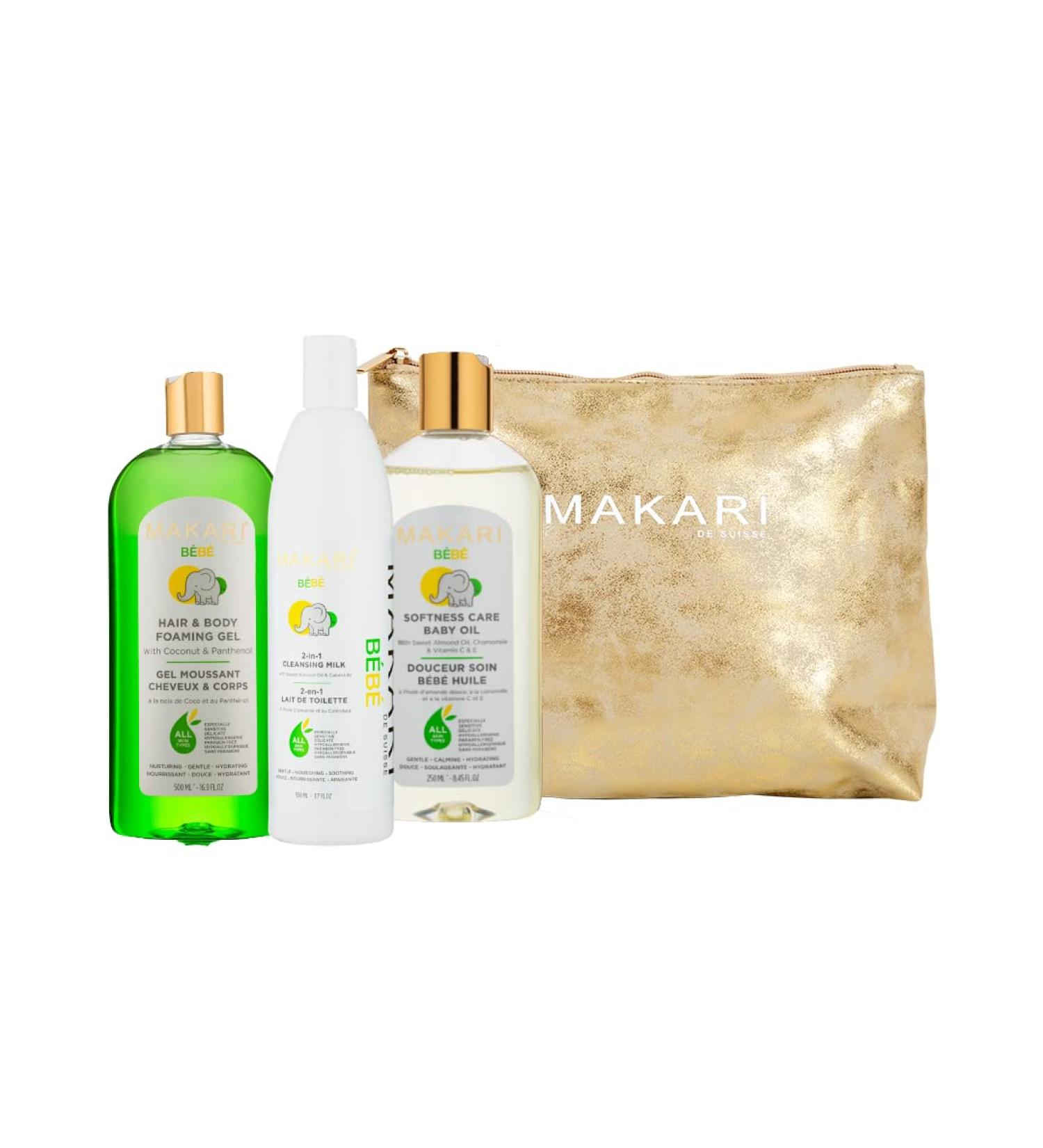 MAKARI Bebe 3 Piece Shower Gift Set | Hypoallergenic Baby Care - Foaming Gel Cleansing Milk & Nourishing Oil - Buy Online on SooperMarket.com