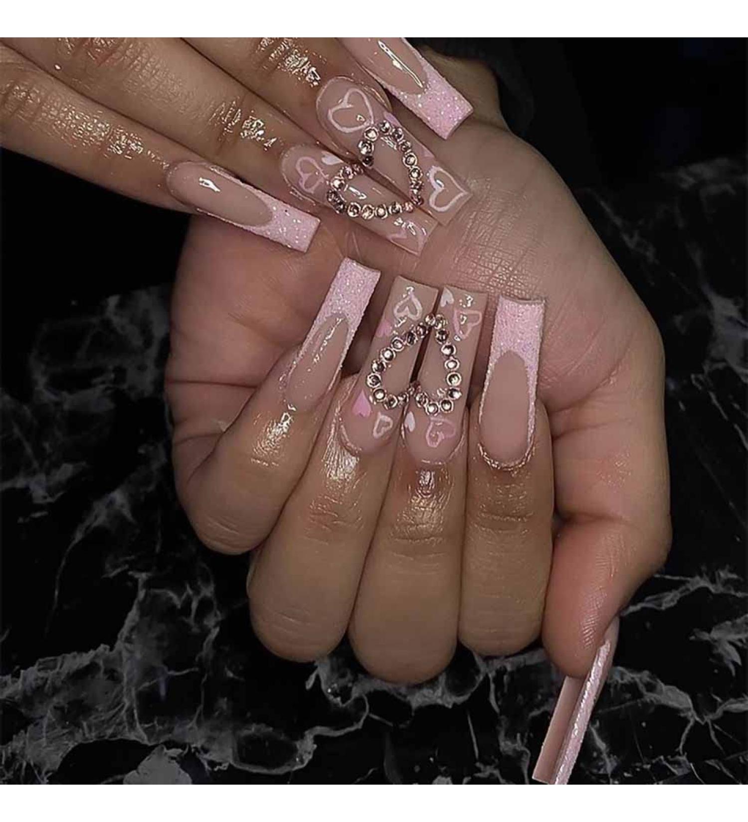 RikView Long Pink French Tip Press-On Nails - Square Acrylic Nails for Women | 24 PCs Set - Buy Online on SooperMarket.com