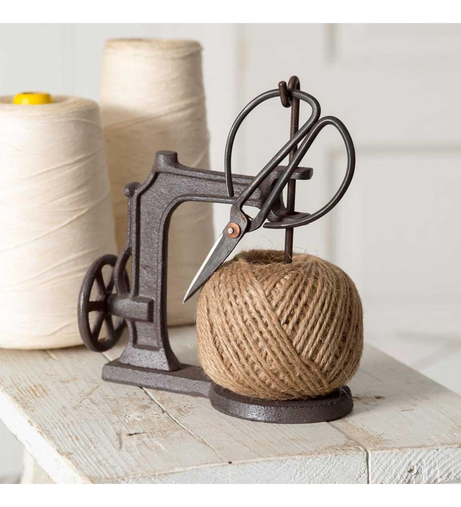 YukaBa 520057 Sewing Machine Jute Twine Ball String and Scissors Holder Set, Vintage Inspired Rustic Farmhouse Style, Gift for Sewer Sewist Crafter, Cast Iron Metal, Brown, 3 Piece Set