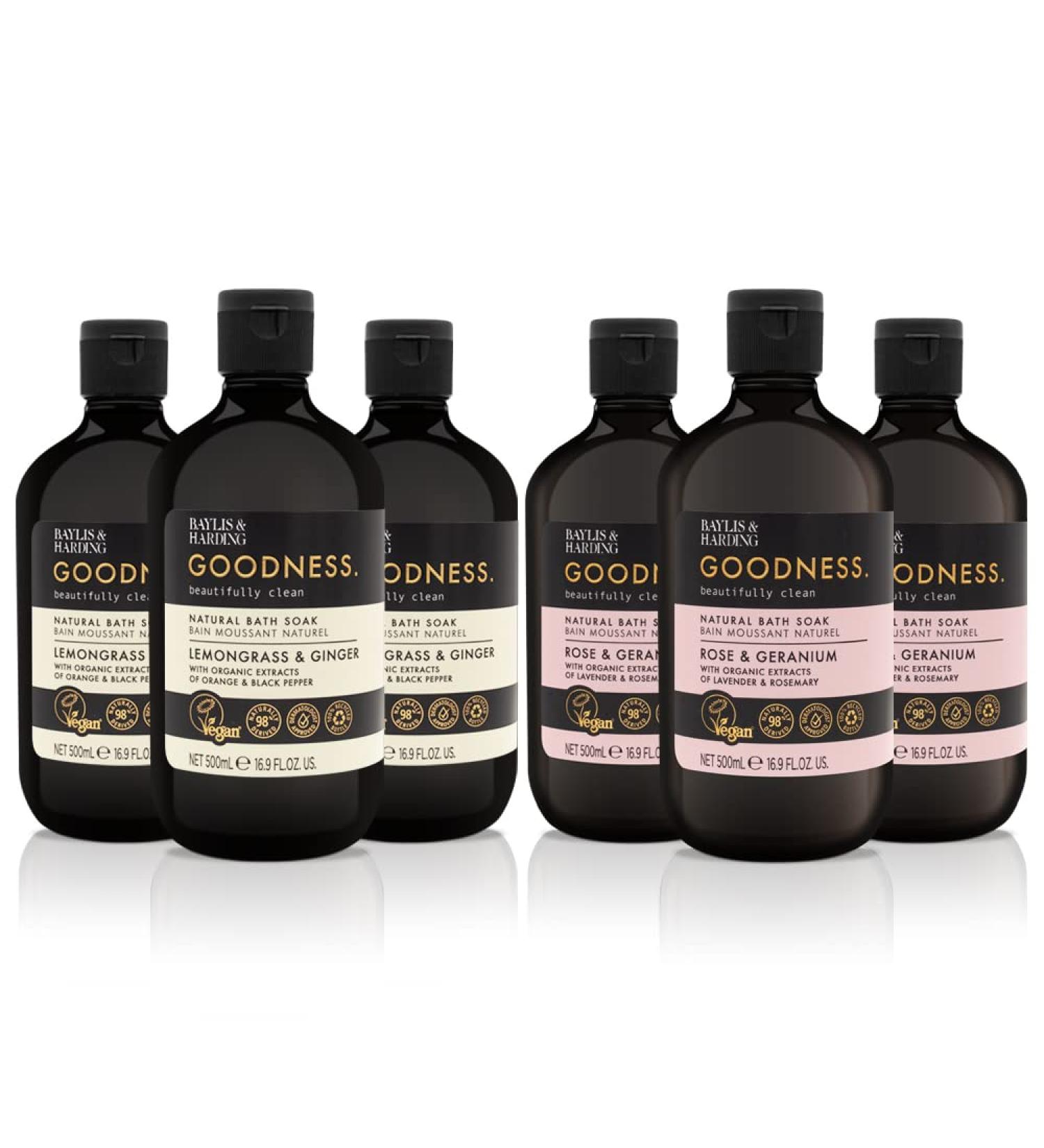 Baylis & Harding Goodness Bath Soak Bundle - 6 x 500ml Lemongrass & Ginger + Rose & Geranium - Vegan Friendly - Buy Online on SooperMarket.com