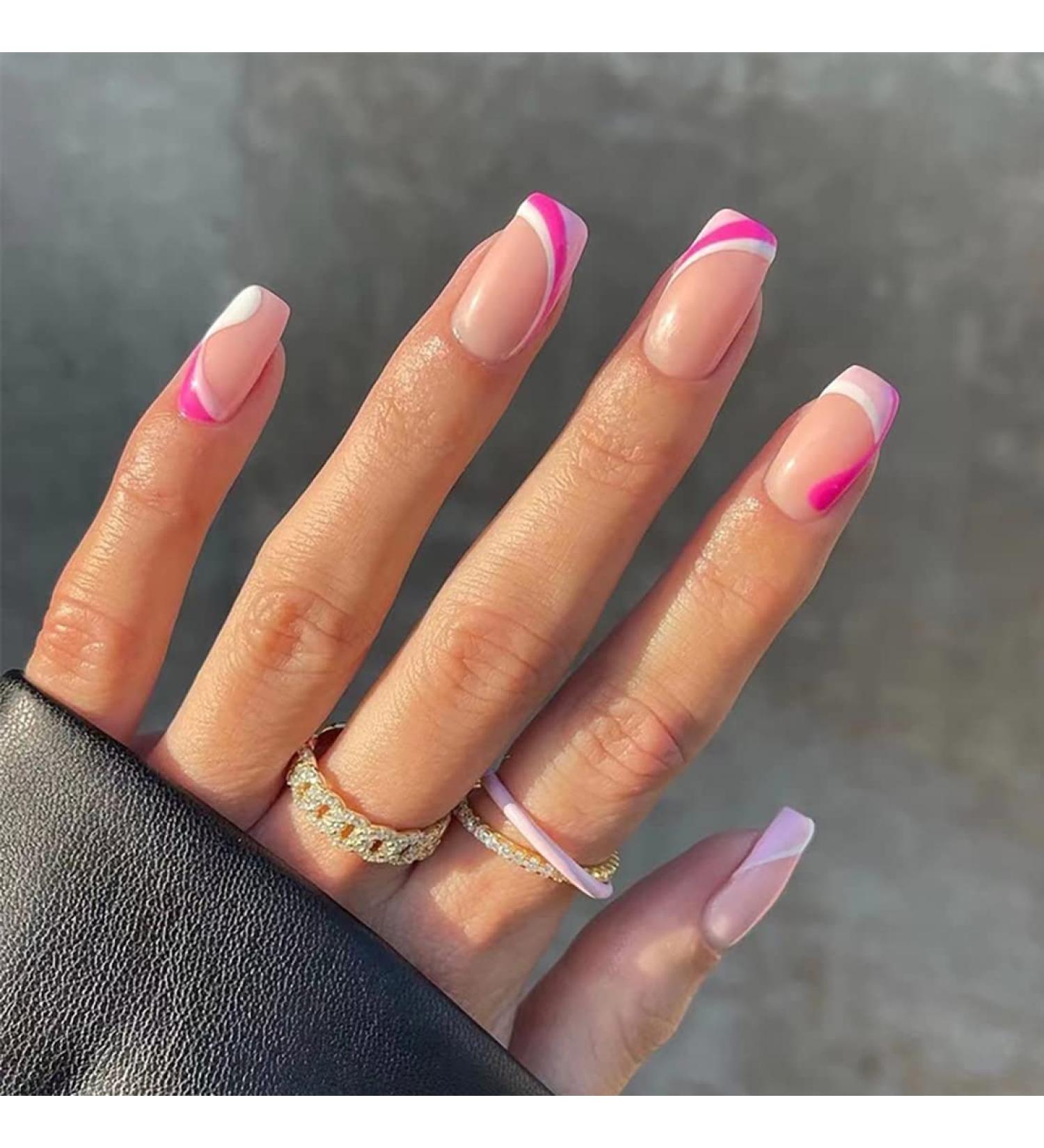 24 PCS French Tips Press on Nails Medium Length Glossy Pink White False Nails - Full Cover Design for Women, Girls, Party & Salon - Buy Online on SooperMarket.com