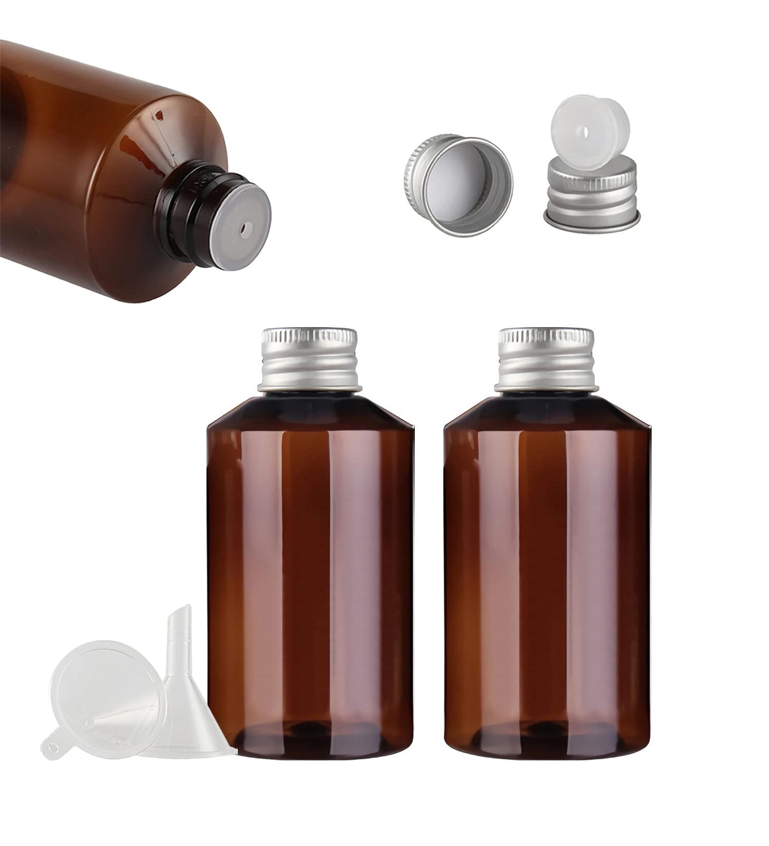 Tianzd 3-Piece 150ml Brown Plastic Bottles Set with Silver Screw Caps & Orifice Reducers - Essential Oil Make-Up Remover & Cosmetics Container with Funnel - International Shipping Available - Buy Online on SooperMarket.com