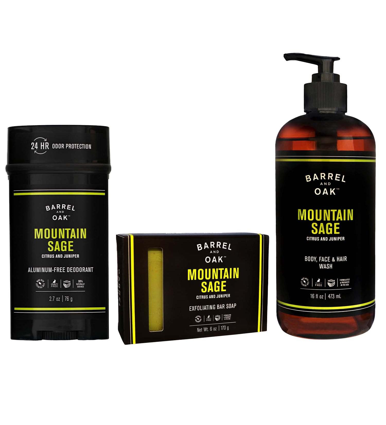 Barrel and Oak Men's Body Care Set - Mountain Sage Scented Variety Pack | Essential Oil-Based Cedar & Patchouli Blend | Bar Soap, Body Wash, Deodorant | 3-Pack - Buy Online on SooperMarket.com