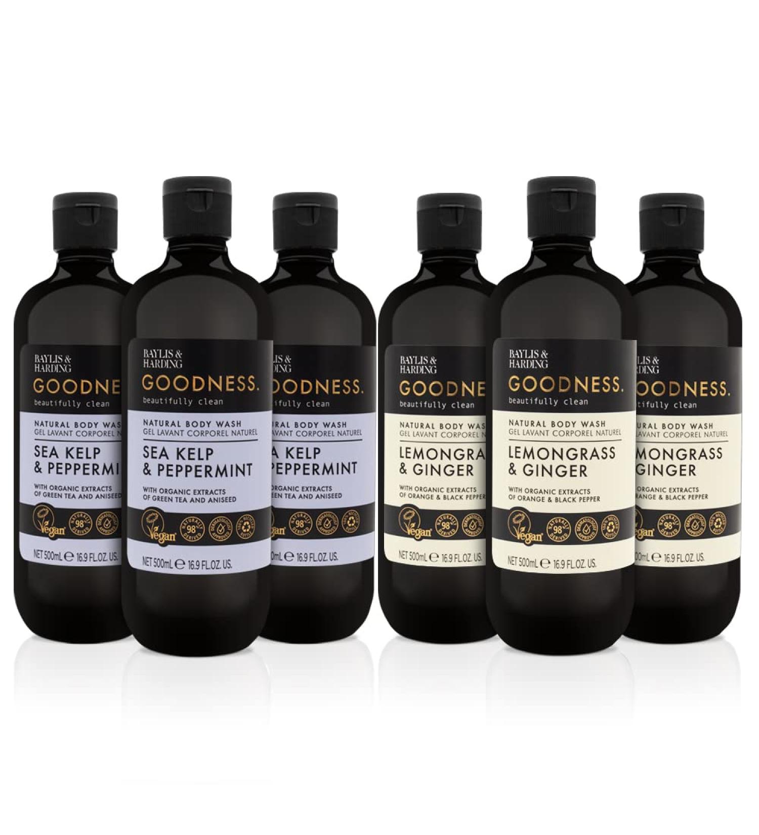 Baylis & Harding Goodness Body Wash Bundle 6x500ml - Sea Kelp & Peppermint, Lemongrass & Ginger | Vegan Friendly - Buy Online on SooperMarket.com
