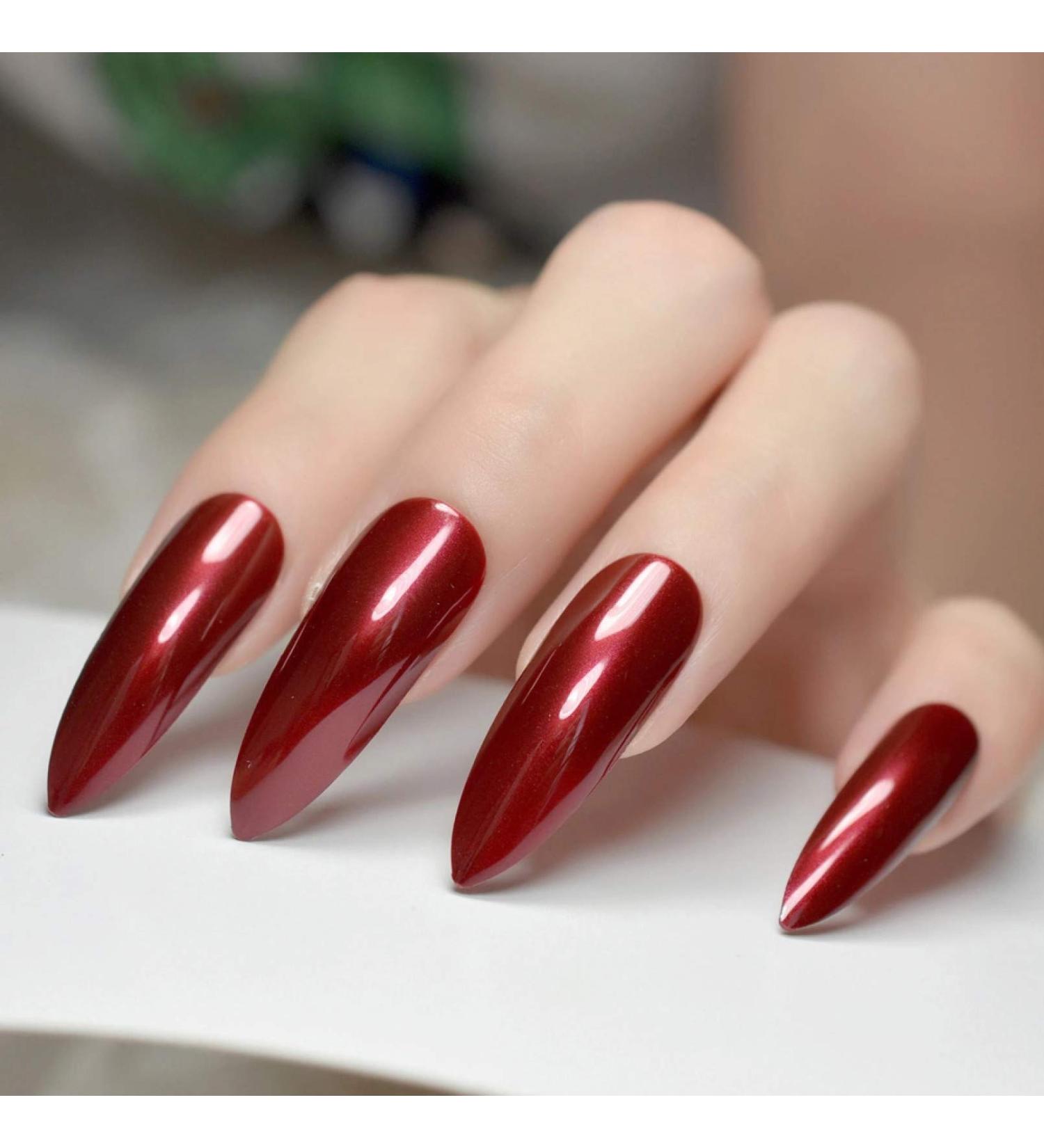 UrtjSDG Extra Long Sharp Stiletto Artificial Nails - Claret Red Lace Press-On Nail Tips for Salon Quality Art & Party Wear - Buy Online on SooperMarket.com