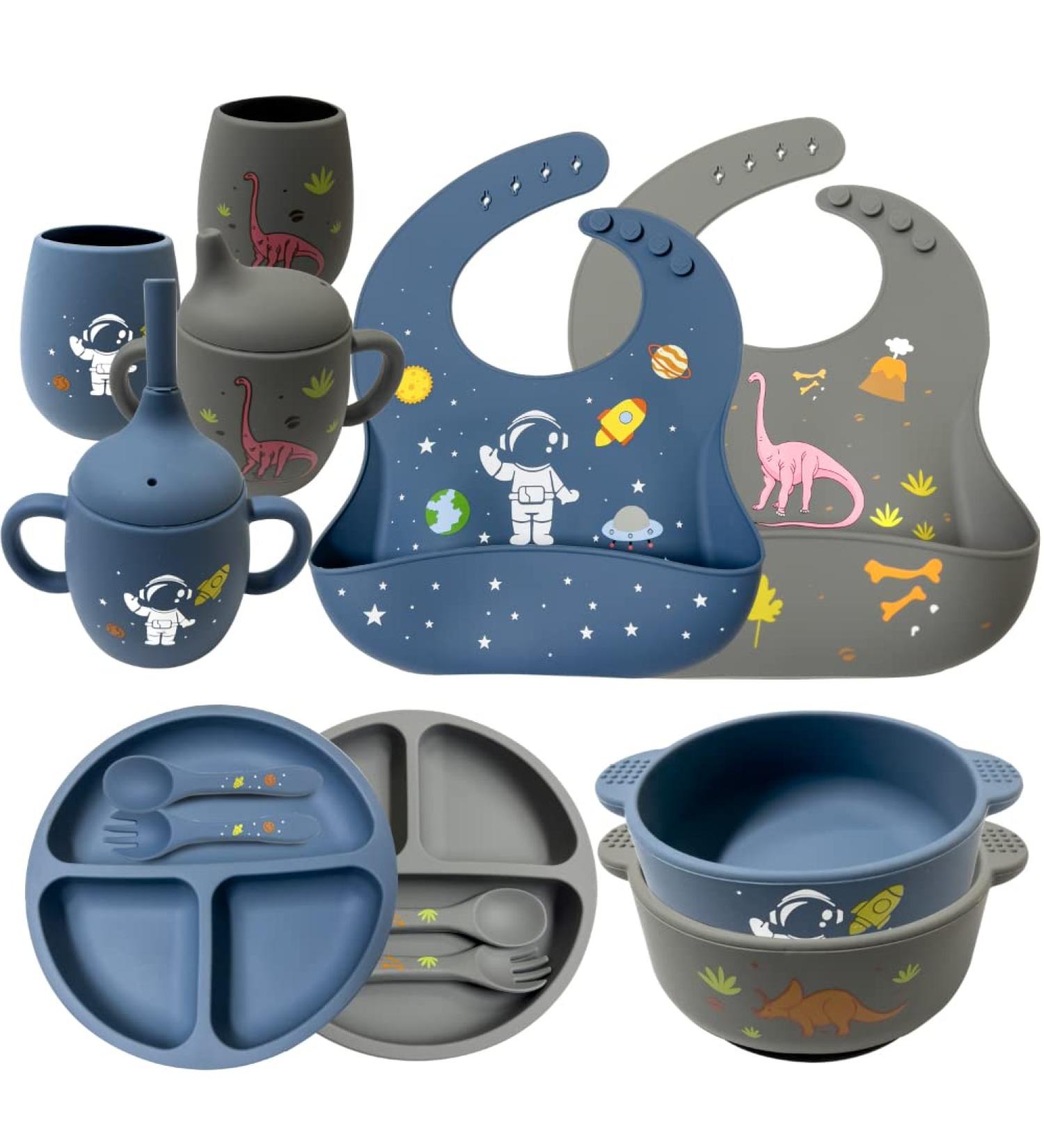Soft Silicone Baby Feeding Set with Adjustable Bib, Suction Bowl, Plate, Straw Cup, and Utensils - Baby Led Weaning Supplies with Cute Patterns | Space & Dinosaur Design - Buy Online on SooperMarket.com