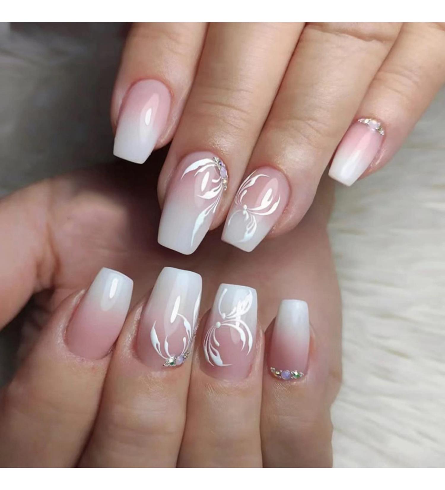 Justotry Pale Purple Jeweled French Press-on Nails - 24 pcs Medium Ballerina Long Stick-on Acrylic Coffin False Nails with Glue for Women - Buy Online on SooperMarket.com
