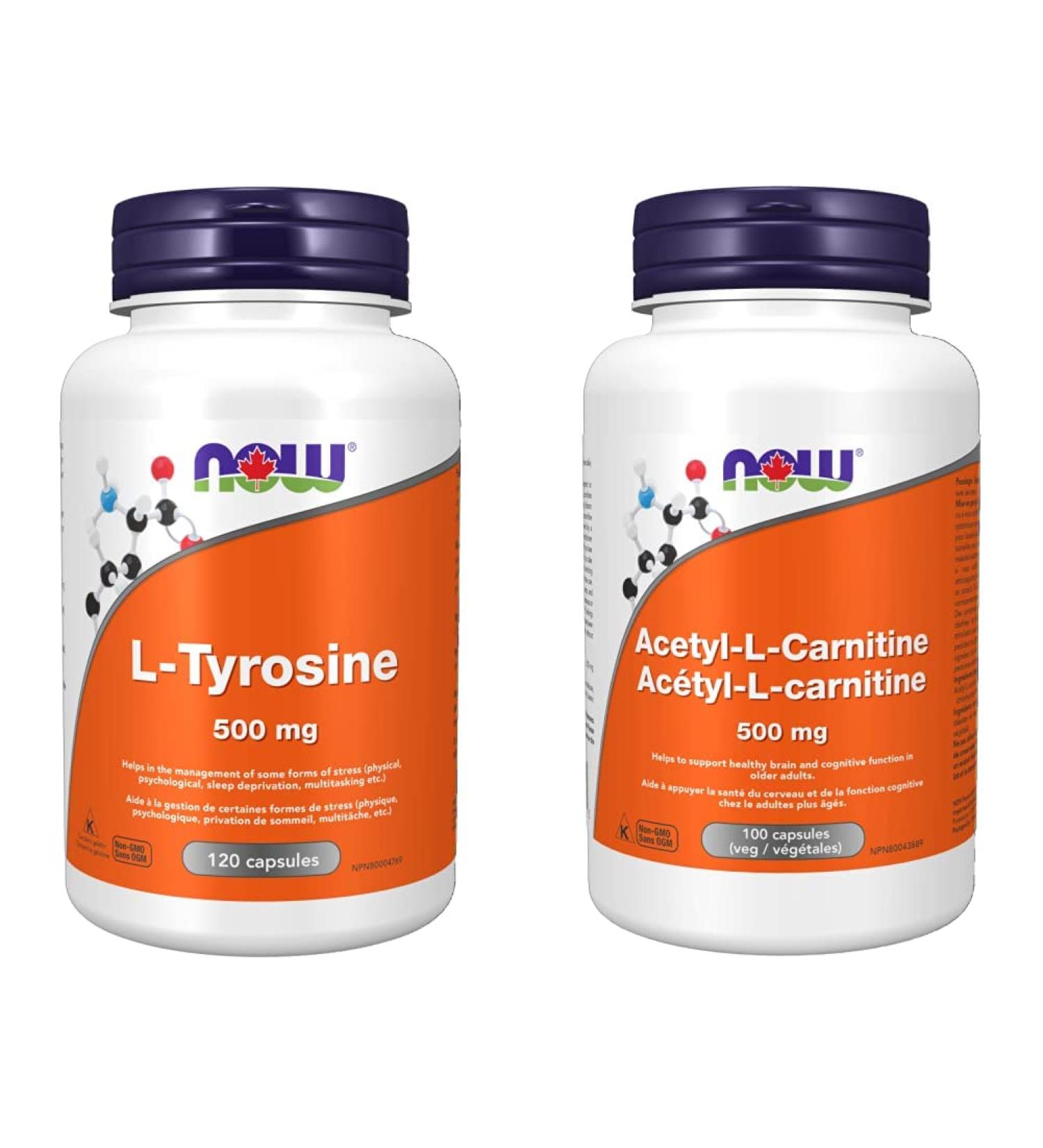 NOW L-Tyrosine (Freeform) Capsules 500mg 120 Count & Acetyl L-Carnitine 500mg 100 vcaps Tyrosine + L-Carnitine 100 Count (Pack of 1) Unflavored 120 Count (Pack of 1) - Buy Online on SooperMarket.com