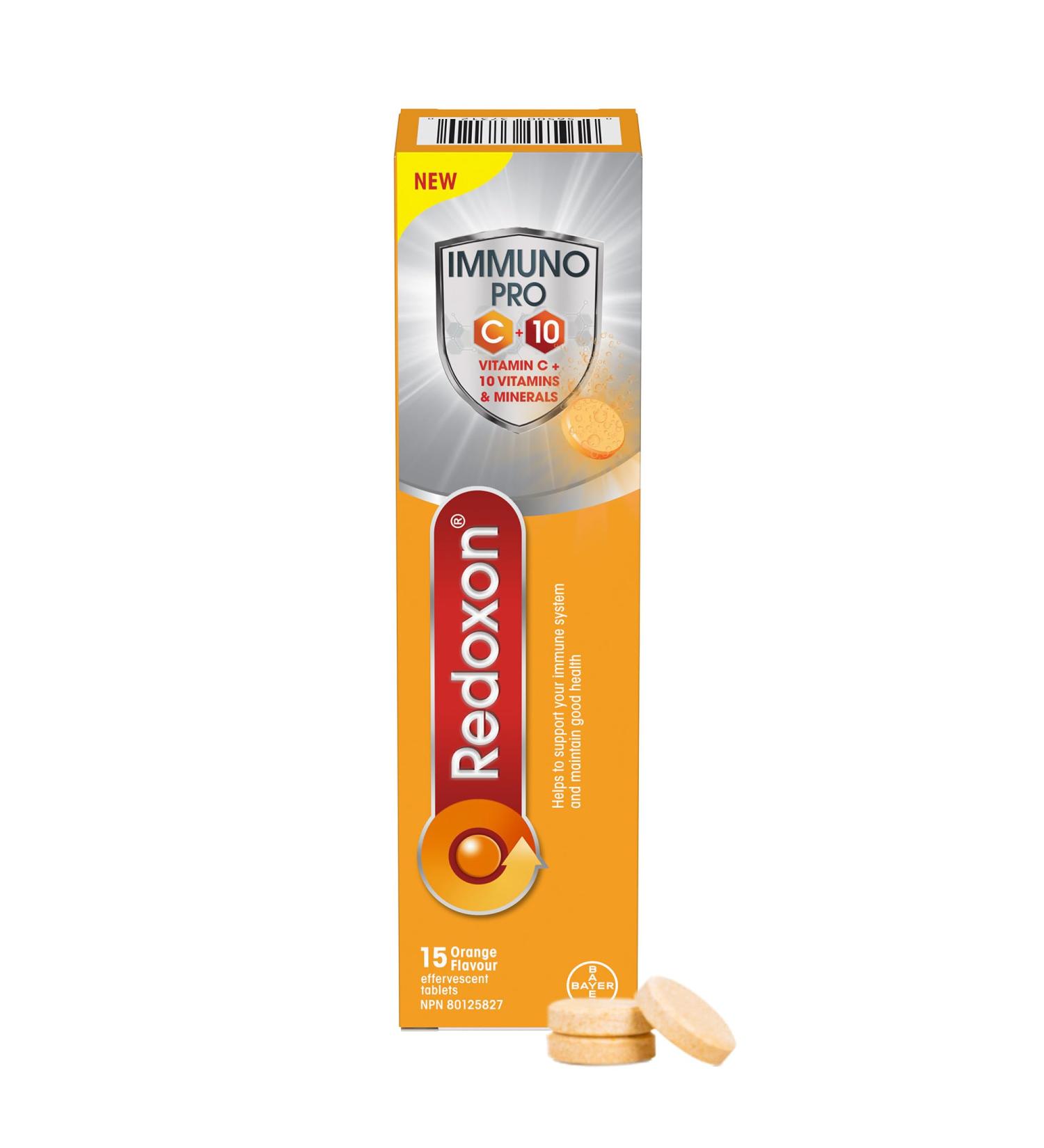 Redoxon ImmunoPRO Vitamins C A B6 B12 D E Folate Iron Copper Zinc Selenium Effervescent Tablets for Immunity Support Immune Support For Adults 15 Orange Flavoured Tablets - Buy Online on SooperMarket.com