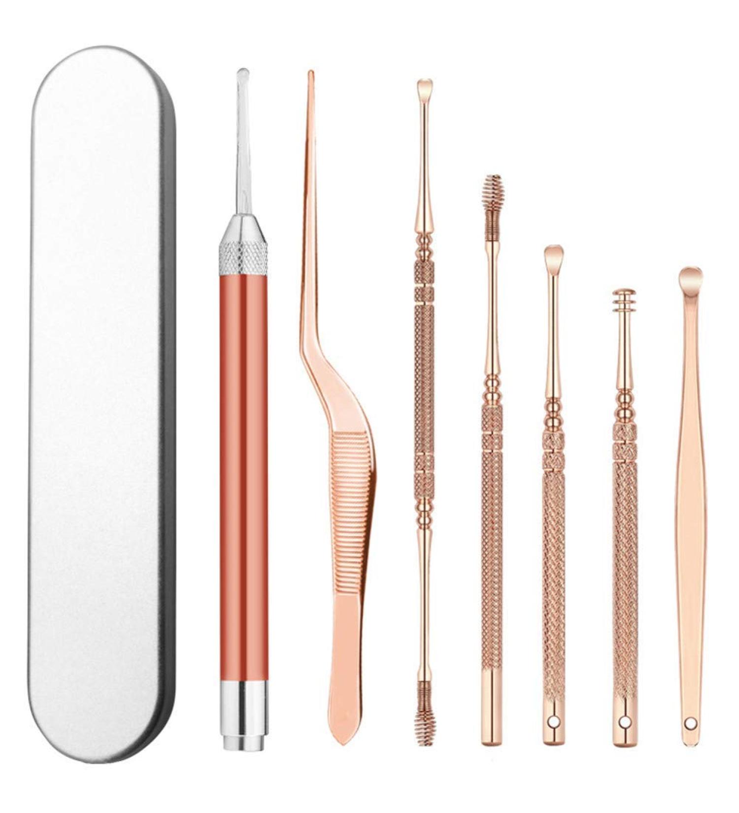 Earwax Removal Kit LED Light Ear Curette Tools Stainless Steel Ear Cleaner for Children and Adults Tweezer Earpick Exfoliator Cleansing Tools Set with Storage Box Rose Gold 8 Pcs (rose gold) - Buy Online on SooperMarket.com