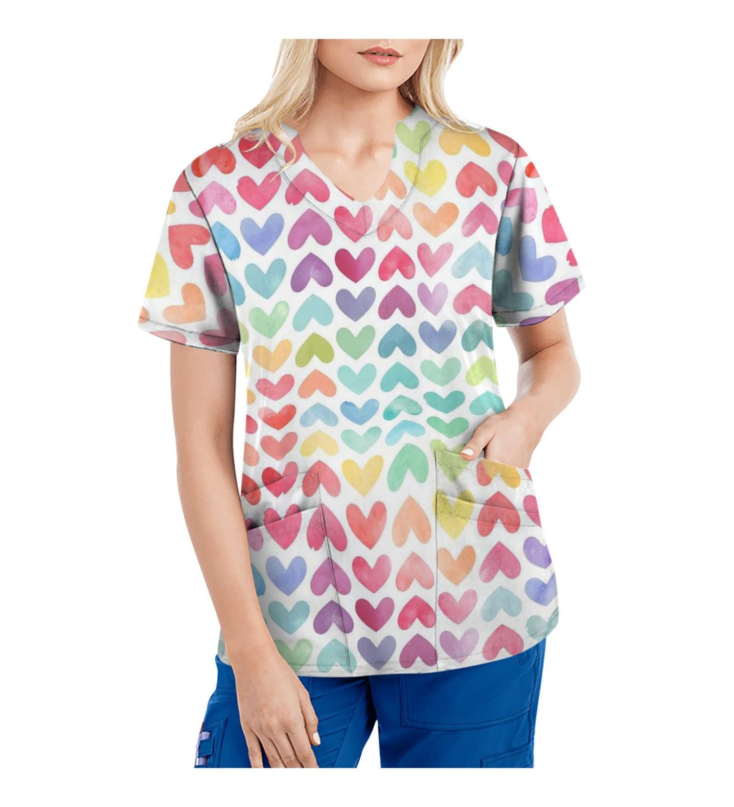 TUNUSKAT Women's Short Sleeve Hand Print Scrubs - Summer Nursing Uniform Blouse (XX-Large, Multicolor) - Buy Online on SooperMarket.com