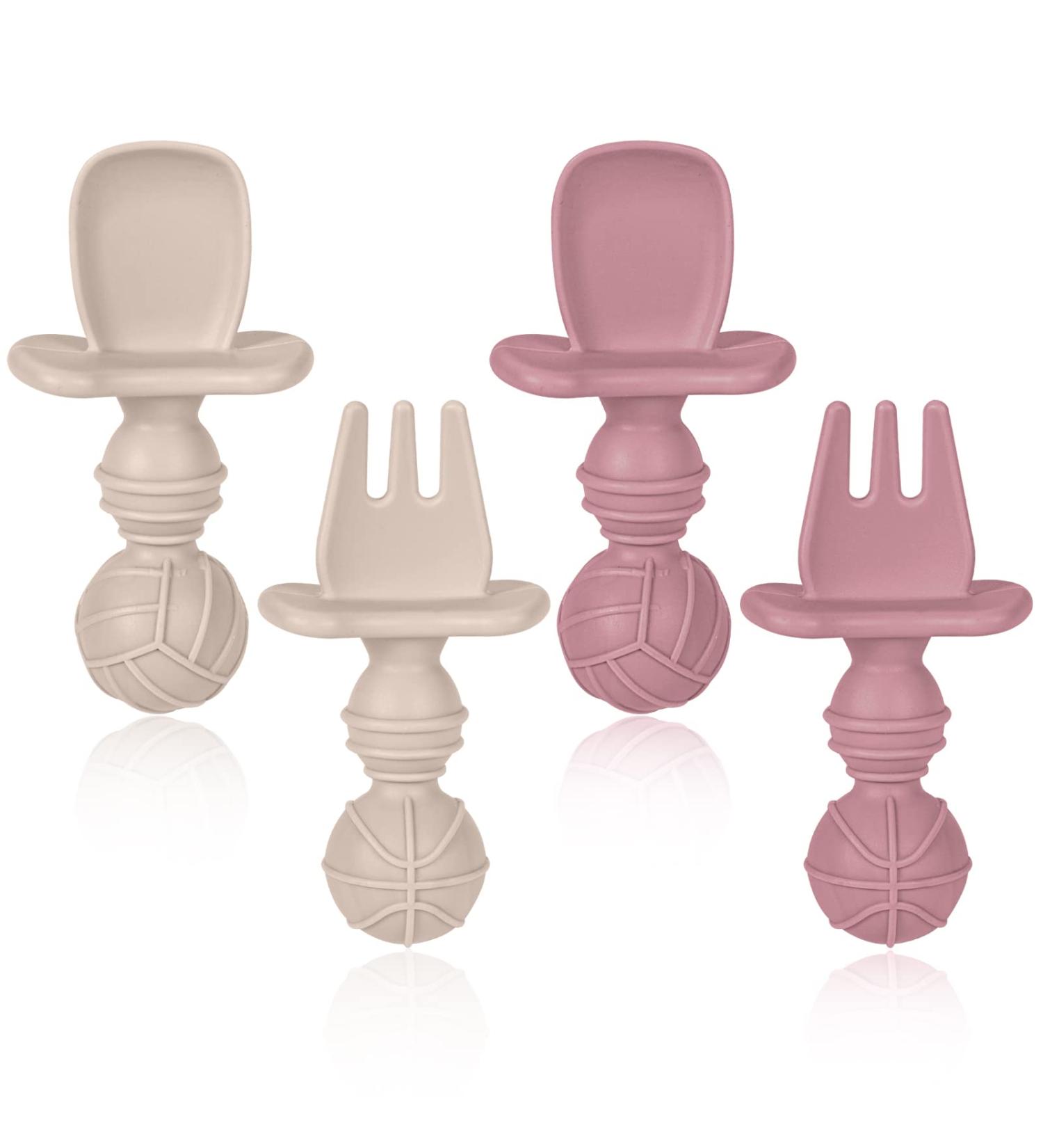 Baby Fork and Spoon Set - Silicone Toddler Utensils for Self-Feeding - Easy Grip Cutlery for Baby Led Weaning (Beige&Pink) - Buy Online on SooperMarket.com