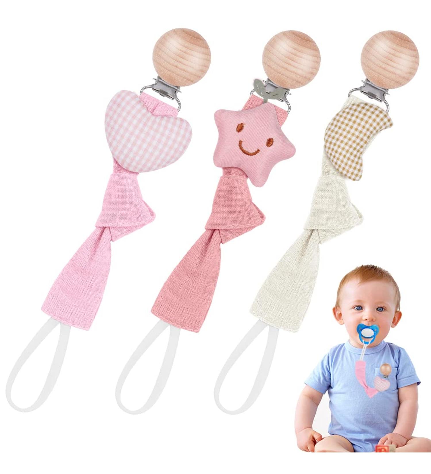 Vicloon 3 Pcs Baby Dummy Clips: BPA-Free Soother Pacifier Chain Holder for Teether Toy - Pink/Beige - Buy Online on SooperMarket.com