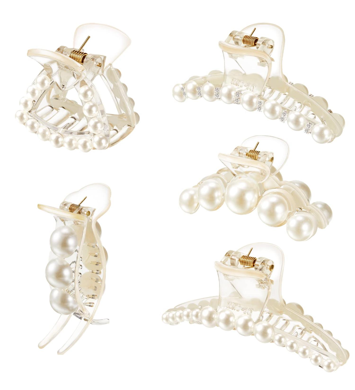 6-Piece Champagne Pearl Hair Claw Clips Set - Retro Non-Slip Barrettes for Women and Girls - Buy Online on SooperMarket.com