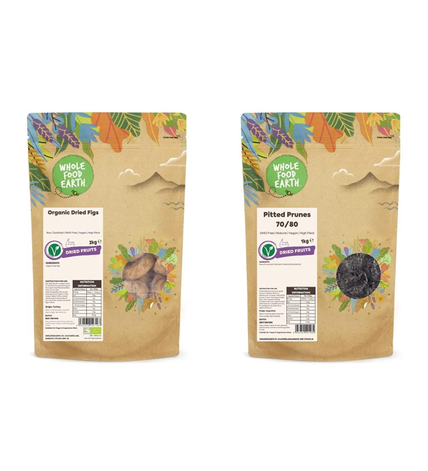 Wholefood Earth Organic Dried Figs 2 kg | Raw | Sundried | GMO Free | Vegan | High Fibre | Certified Organic & Pitted Prunes 70/80 1kg | GMO Free | Natural | Vegan | High Fibre - Buy Online on SooperMarket.com