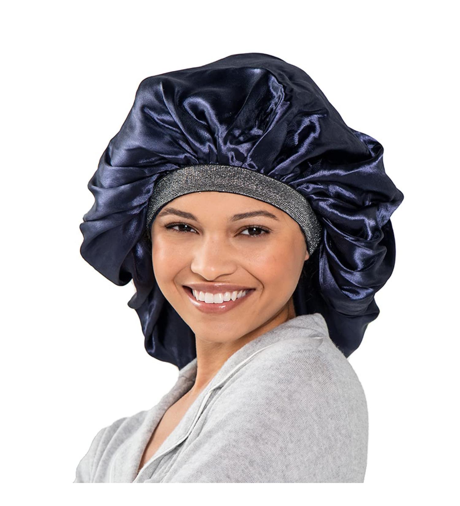 ADAMA Luxy Satin Bonnet  Double Sided for Nighttime Hair Protection  Comfortable Elastic Headband  Shiny Metallic Finish  Extra Large Size for Large Volumes of Hair  Machine Washable  Navy and Silver - Buy Online on SooperMarket.com