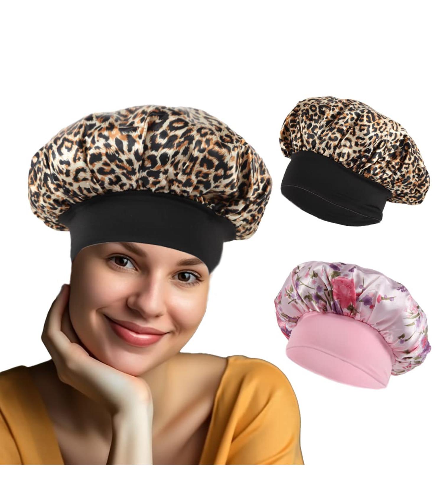 Silk Bonnet for Curly Hair 2PCS Set - Leopard & Pink Floral | Elastic Wide Band - Buy Online on SooperMarket.com