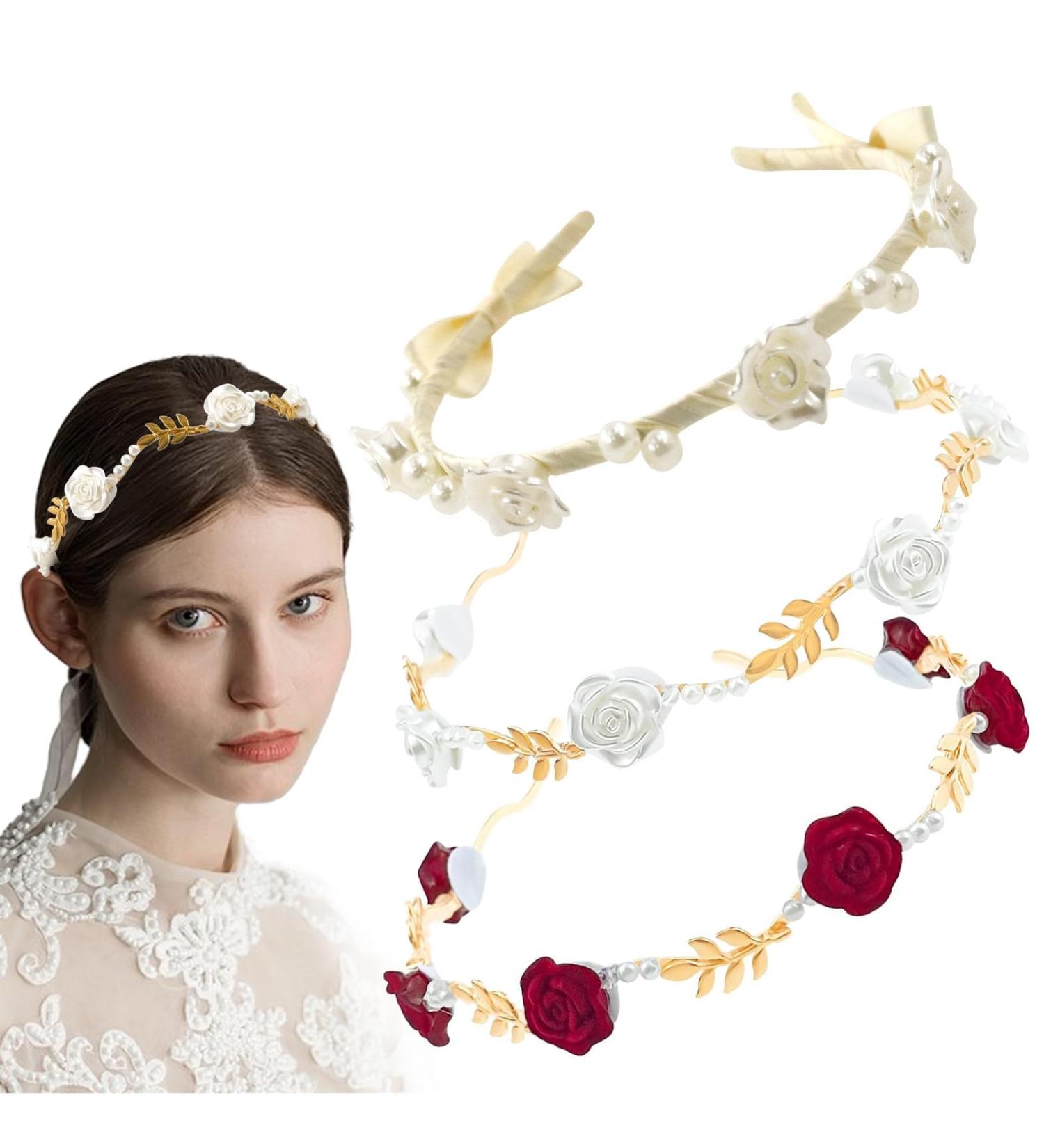 Rose Pearl Headband 3 Women's Headband with Rose Beads Red White Dirndl Hair Accessories Metal Rose Hair Accessories Rose Hair Band Oktoberfest Wedding Hair Accessories for Parties Festivals - Buy Online on SooperMarket.com