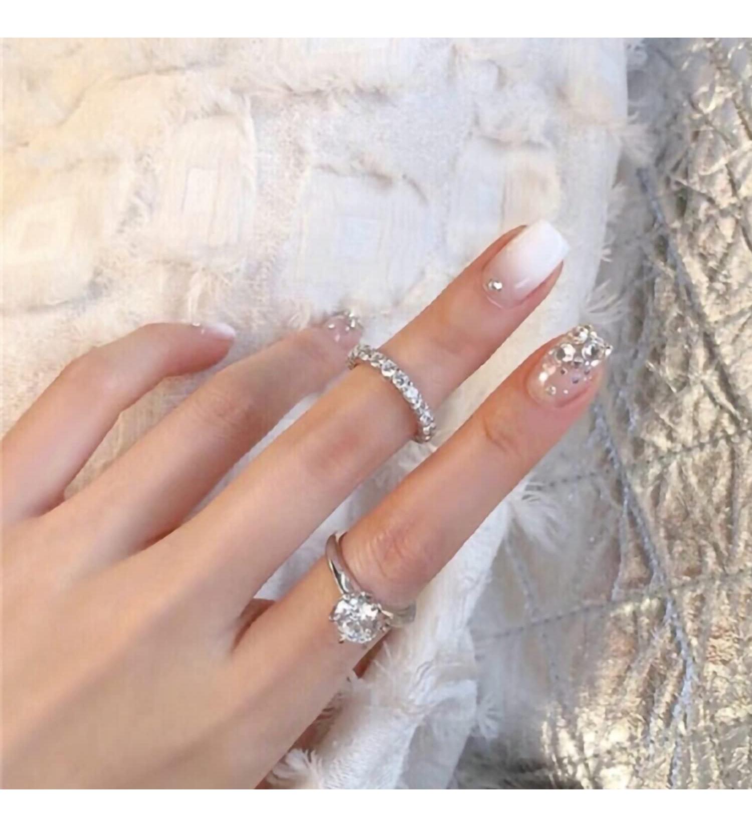 Shiny White Press-On Nails 24PCs - Bling Silver Glitter False Nails with Rhinestones | French Design Nail Art for Women & Girls | Perfect for Parties & Salons - Buy Online on SooperMarket.com