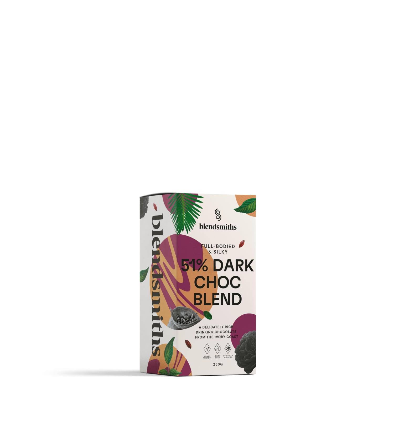 BLENDSMITHS | 51% Dark Chocolate Blend | Luxury Hot Chocolate | Vegan Drinking Chocolate | 250g Box - 11 Servings Dark Chocolate 250g Bag