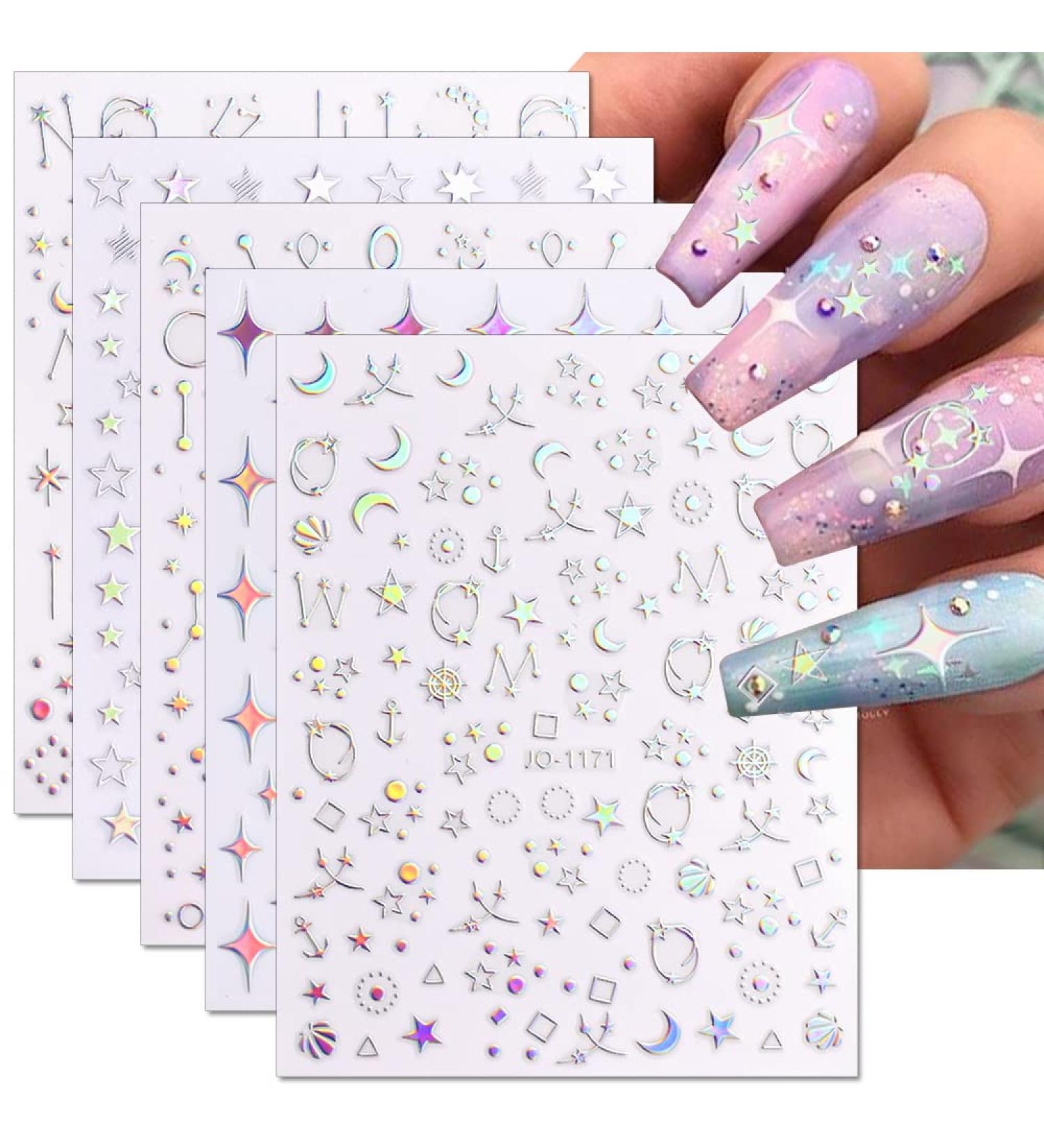 Dornail Aurora Silver Star Moon Planet 3D Holographic Nail Stickers - 6 Sheets | Self-Adhesive DIY Nail Art Decals - Buy Online on SooperMarket.com