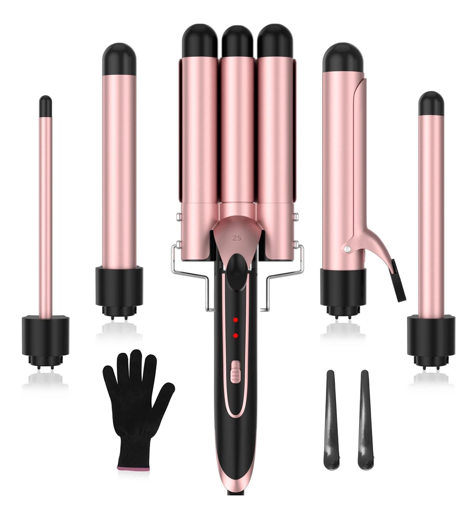5-in-1 Curling Iron Set with Crimper & Waver | 4 Interchangeable Barrels | Instant Heating | Anti-Scald | Pink - Buy Online on SooperMarket.com