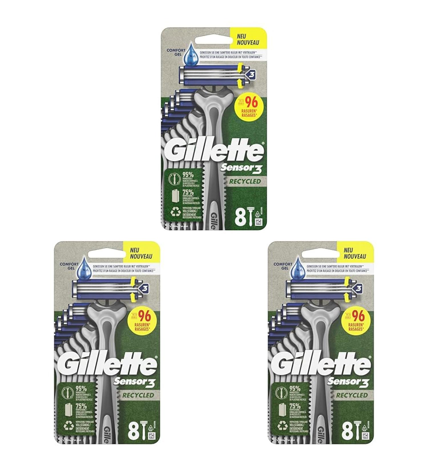 Gillette Sensor3 Recycled Disposable Razors 8 triple blade razors with 95% recycled plastic in the handle (pack of 3)