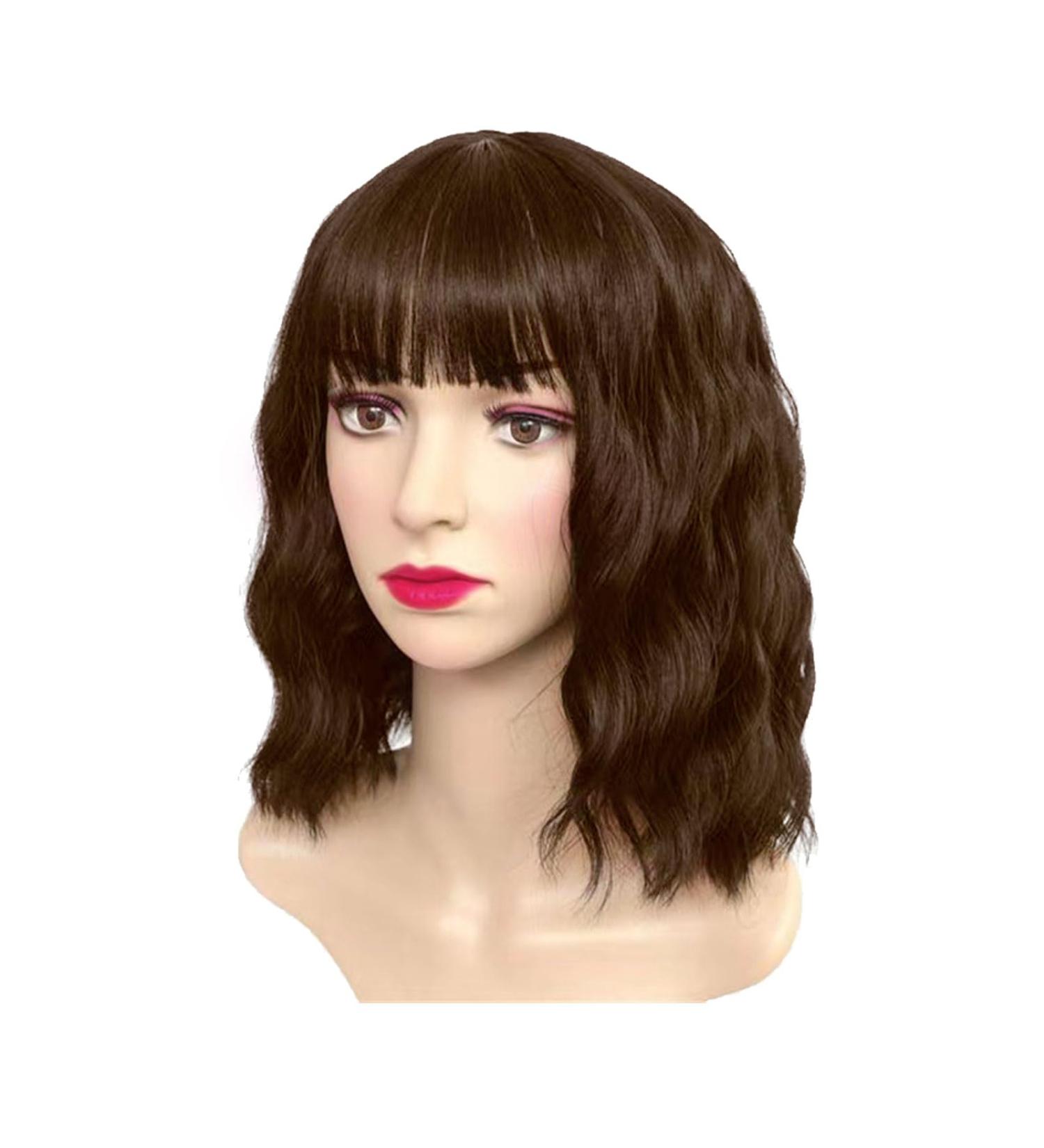 SKHAOVS Curly Fancy Dress Wigs with Hair Bangs Short Wavy Curly Women Fresh Bright Synthetic Ordinary Flat Bangs Bob Wig Cosplay Party Wigs Women's Shoulder Length Halloween Girl Wigs (Brown) - Buy Online on SooperMarket.com