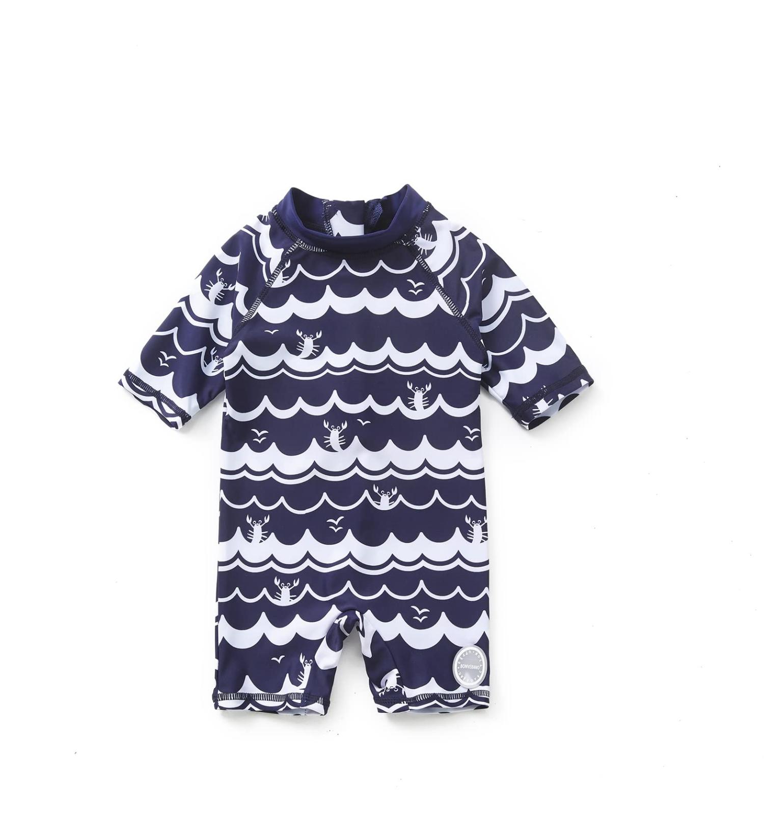 BONVERANO Baby Boys Swimsuit | Toddler Bathing Suit UPF 50+ Sun Protection | Short Sleeve One Piece Swimwear | 6-9 Months Navy Wave - Buy Online on SooperMarket.com