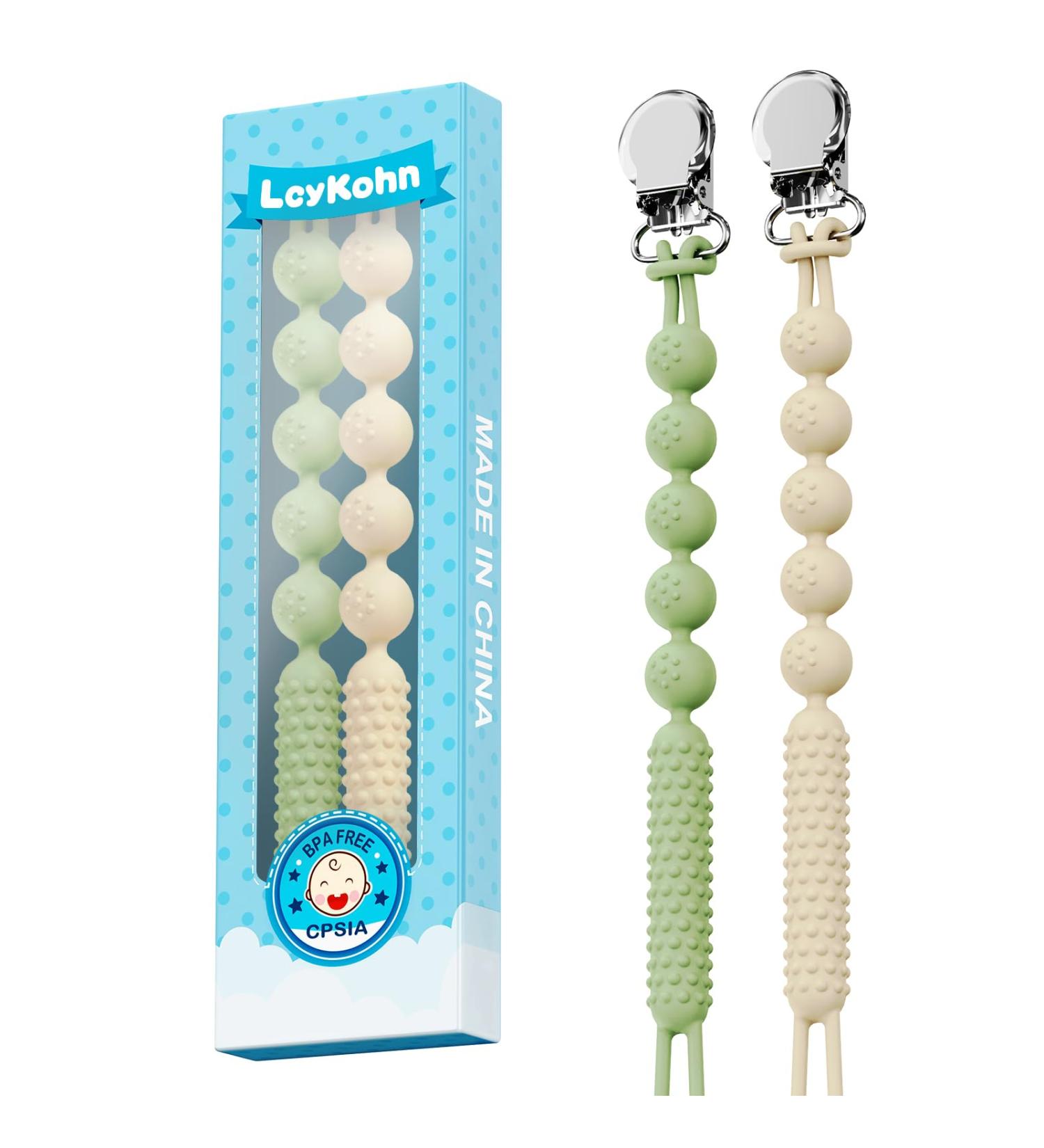 Silicone Pacifier Clip with Teether Stick 2-Pack for Babies - Avocado/Buttercream - Buy Online on SooperMarket.com