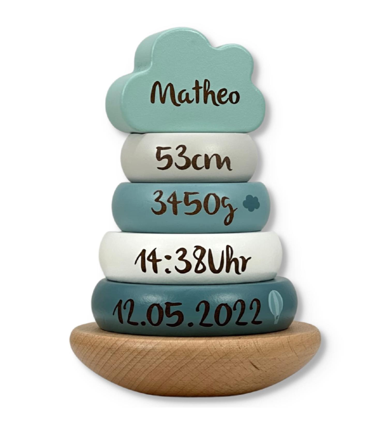 Personalized Mint Label Stacking Tower | Handmade Baby Wooden Toys for Birth & Baptism Gifts - Buy Online on SooperMarket.com