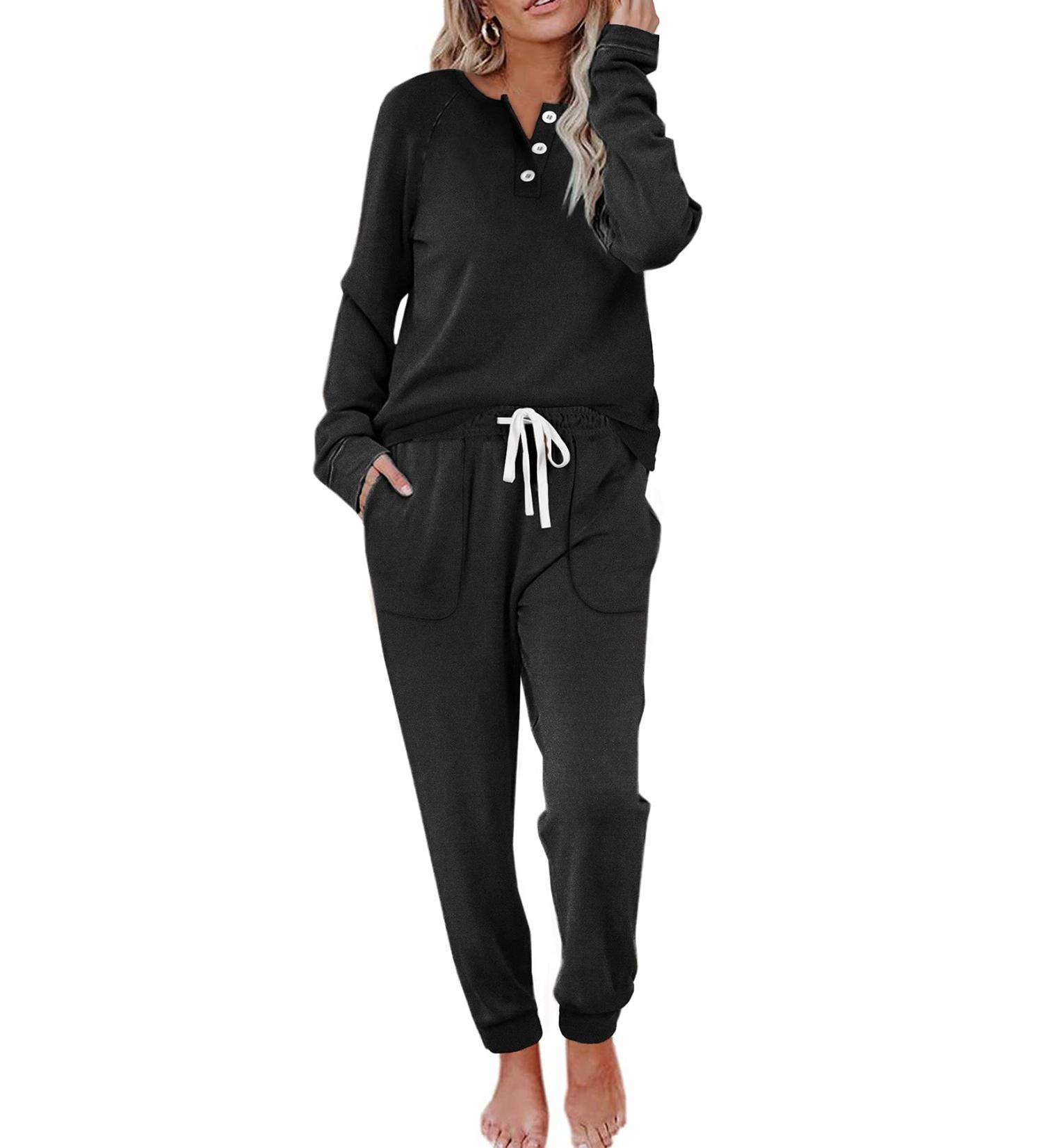 WIHOLL Women's Black Button Down Lounge Set with Sweatshirt and Sweatpants - Medium - Buy Online on SooperMarket.com