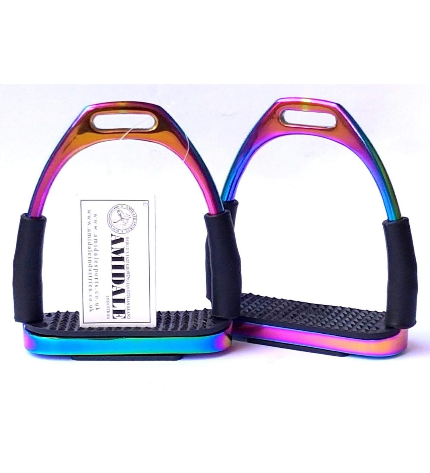 Amidale RAINBOW FLEXI SAFETY STIRRUPS HORSE RIDING BENDY IRONS S. STEEL BNWT 4.00 INCHES AND 4.75 INCHES (4.00 INCHES)