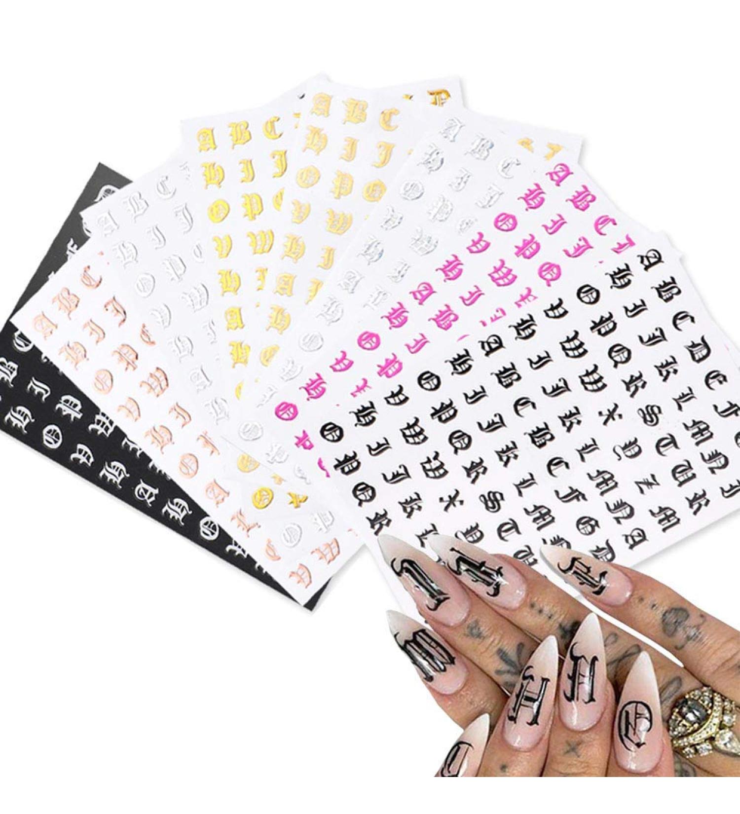 3D Holographic Old English Alphabet Nail Art Stickers - Glitter Self-Adhesive Decals for Acrylic Nails - 8 Sheets - Buy Online on SooperMarket.com