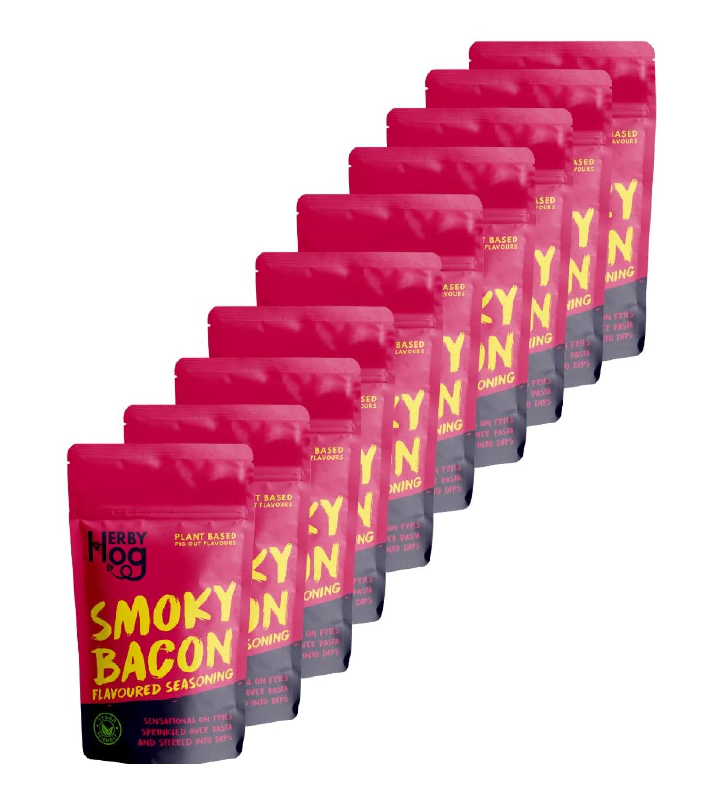 Bacon Seasoning - Smoky - 10 x 60g BULK BUY - Plant Based Vegan Friendly - 12 Servings per pack - Resealable Packet - Made in the UK by Herby Hog - Buy Online on SooperMarket.com