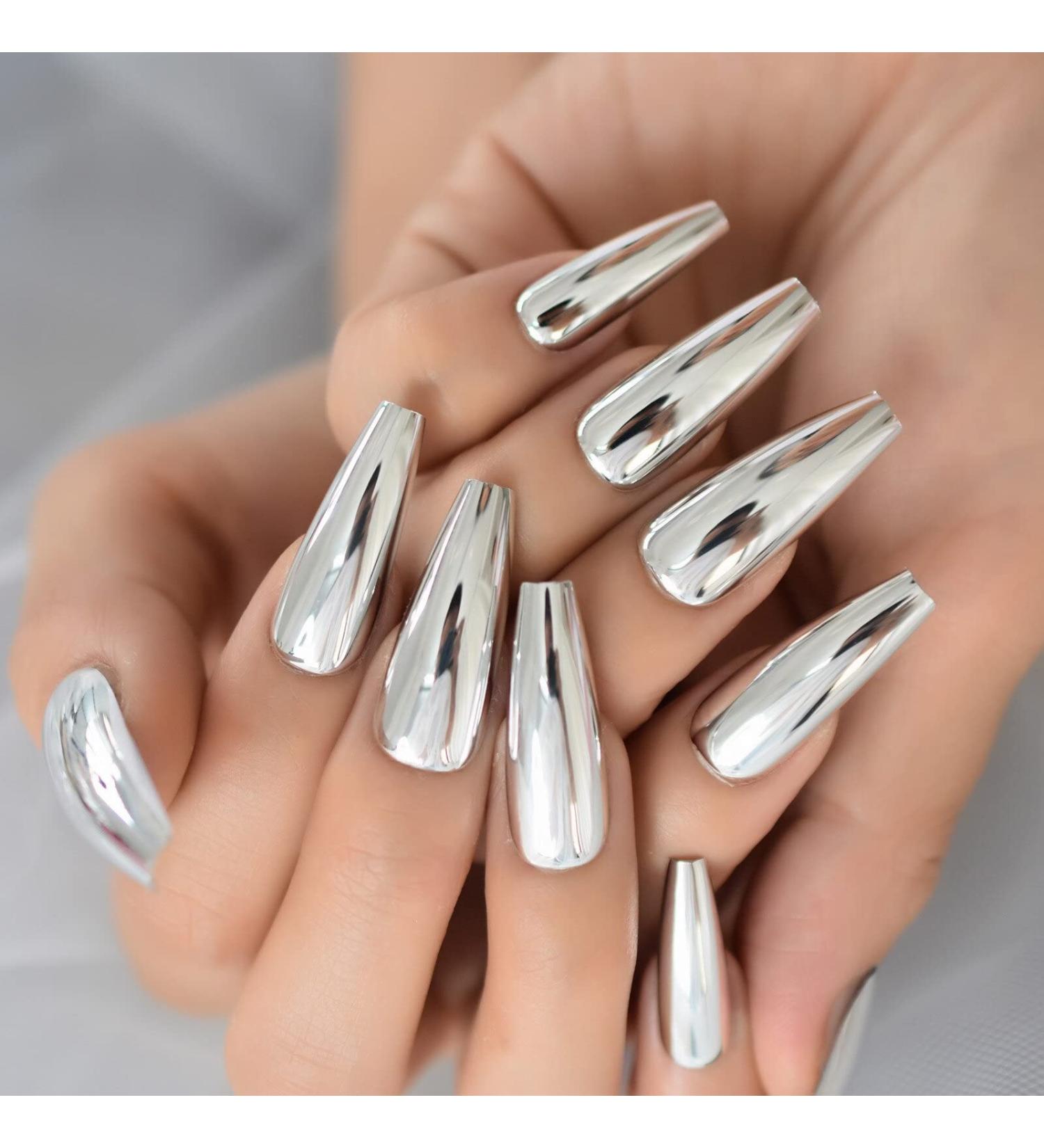Silver Punk Metallic Press On False Nails - Long Coffin Ballerina Chrome Mirror Fake Nails - Full Cover Acrylic Nail Tips with Glue Tape - Women/Girls - L5883-1 - Buy Online on SooperMarket.com
