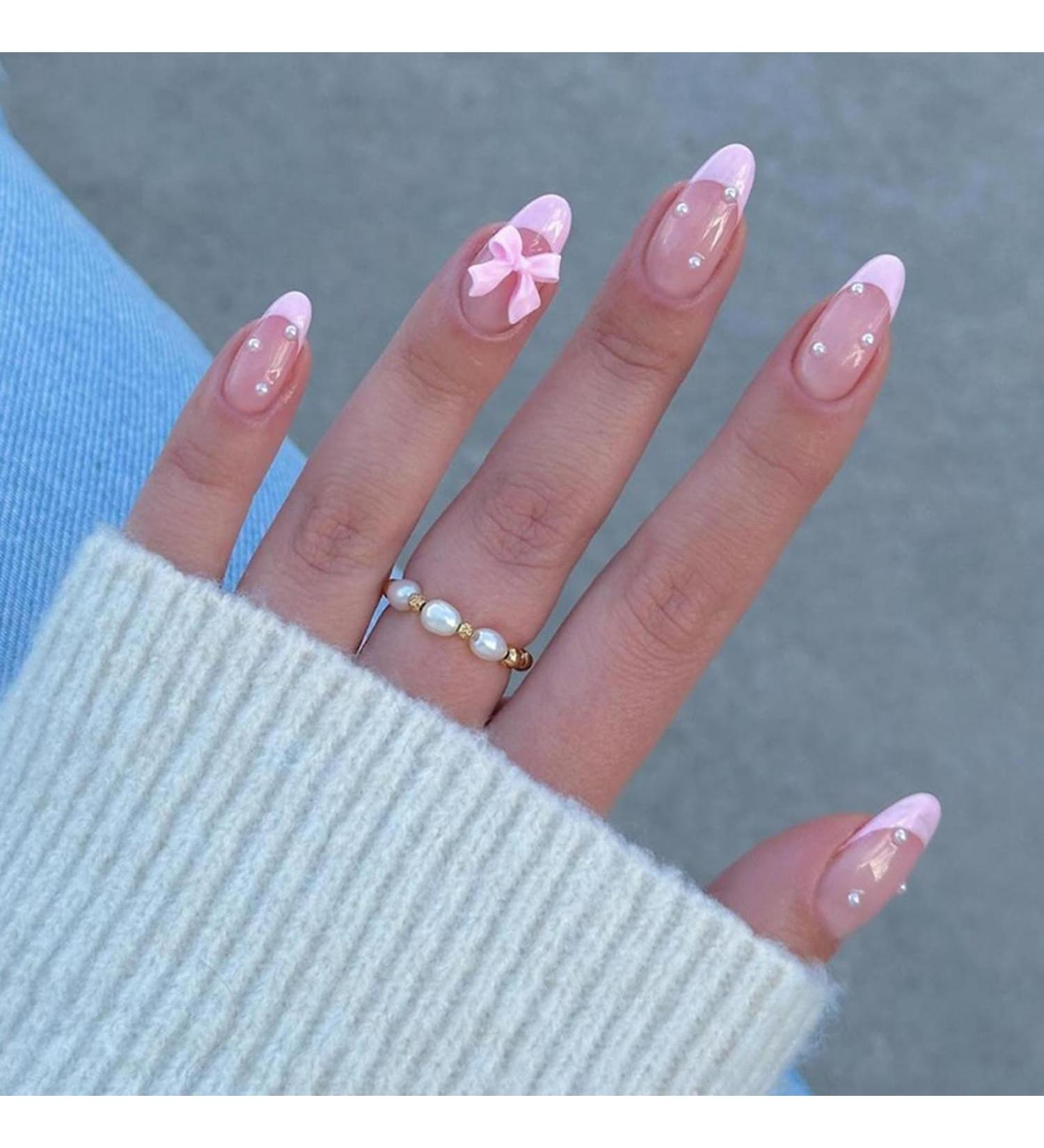 24Pcs Cute Pink French Press On Nails - Almond Shape Bow & Pearl Design - Luxury False Nails for Women - Full Cover Acrylic Manicure Accessories - Buy Online on SooperMarket.com