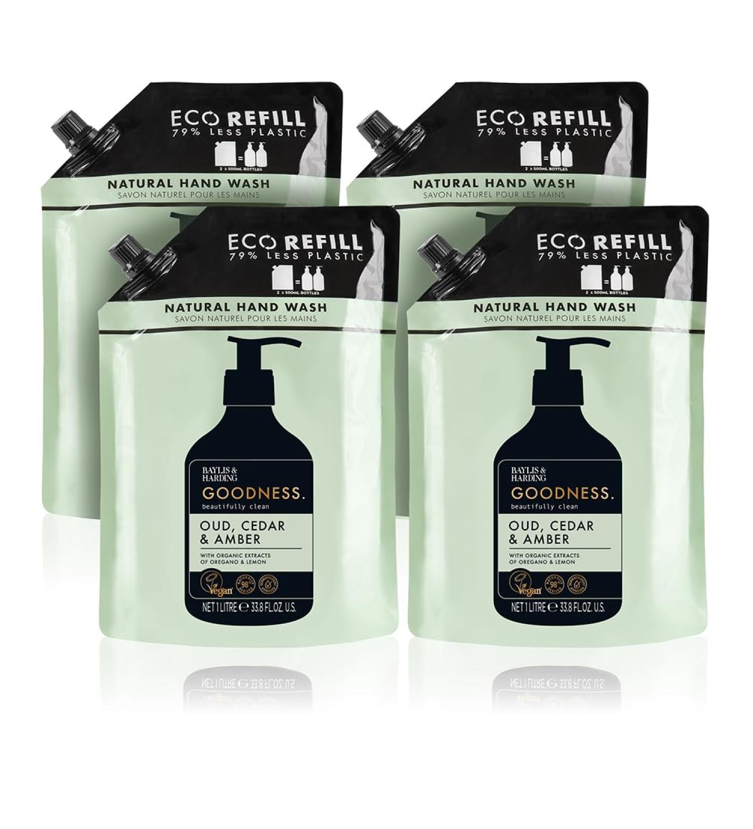 Baylis & Harding Goodness Oud Cedar & Amber Hand Wash 1 Litre Pouch Refill (Pack of 4) - Vegan Friendly 1 l (Pack of 4) Oud Cedar & Amber Refill - Buy Online on SooperMarket.com