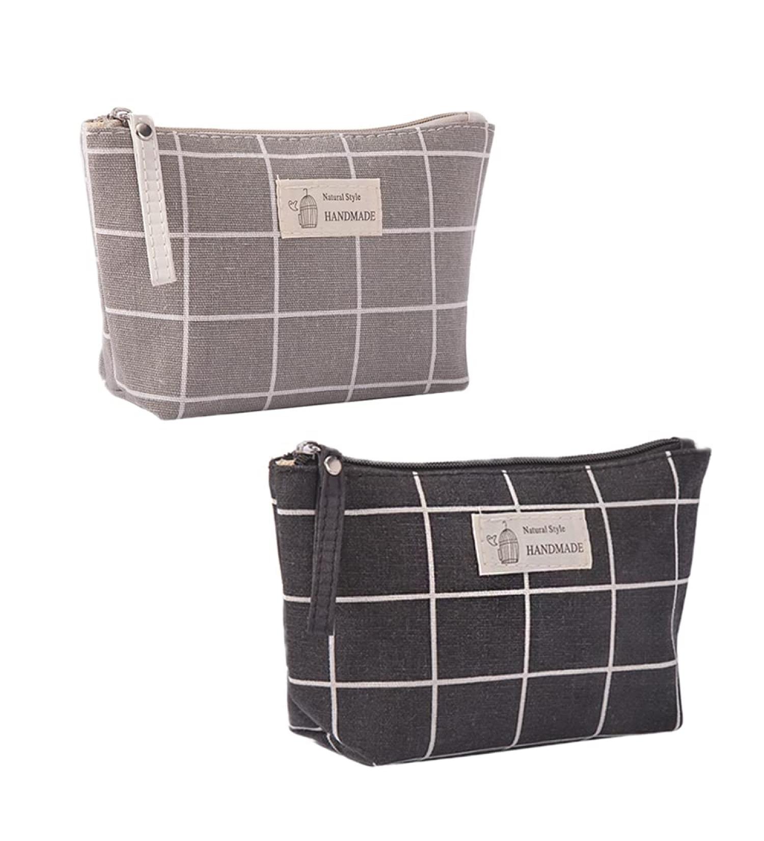 Shop Multifunctional Canvas Makeup Bag Set - 2 Portable Cosmetic Bags for Travel Office & School - Black/Gray Checkered - Buy Online on SooperMarket.com