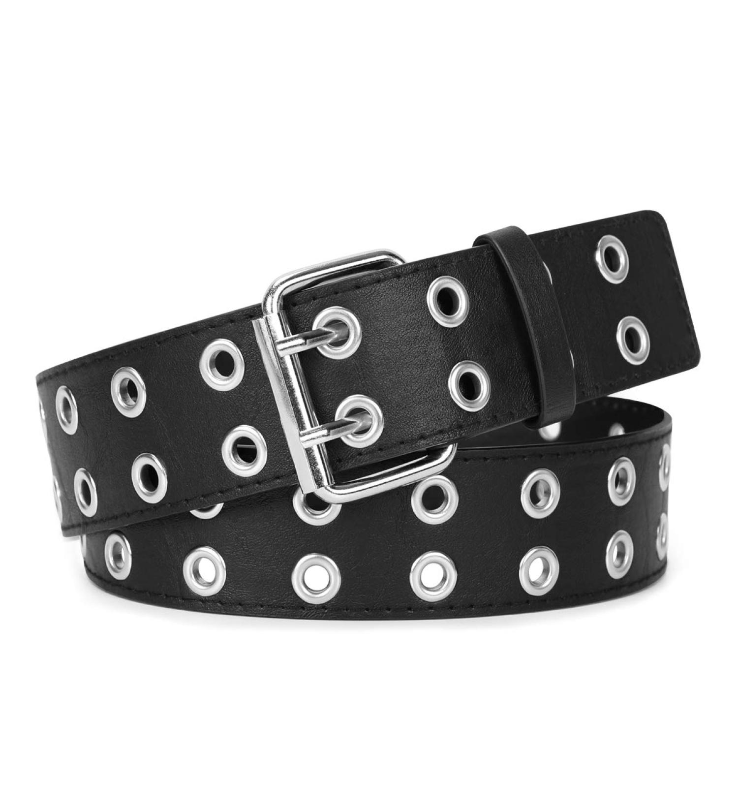 Double Grommet PU Leather Punk Belt for Women Men - 1.5 Wide 2 Hole Belts - A-Black - Fits Waist Up to 34 - Buy Online on SooperMarket.com