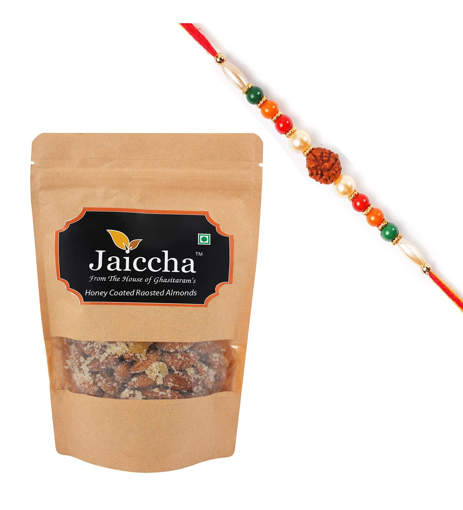 Jaiccha Ghasitaram Rakhi Gifts for Brothers Rakhi Dryfruits - Honey Coated Roasted Almonds 200 GMS in Brown Paper Pouch with Rudraksh Rakhi - Buy Online on SooperMarket.com
