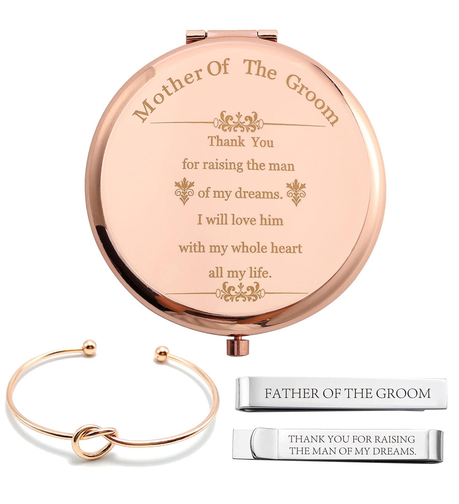 COFOZA Mother & Father of The Groom Gifts Set - Rose Gold Compact Mirror, Knot Bracelet, Tie Clip - Engagement/Wedding Proposal Gifts - Buy Online on SooperMarket.com